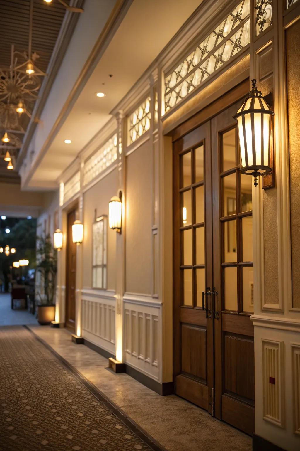 Illuminated panels enhance ambiance and highlight entryway design.