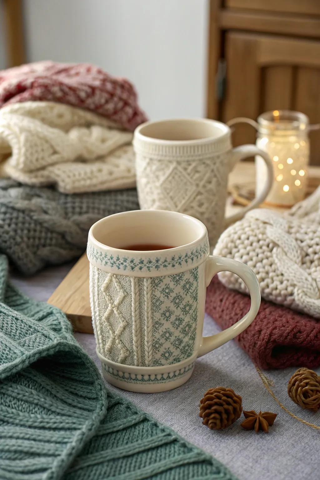 Cozy mugs with sweater-knit designs.