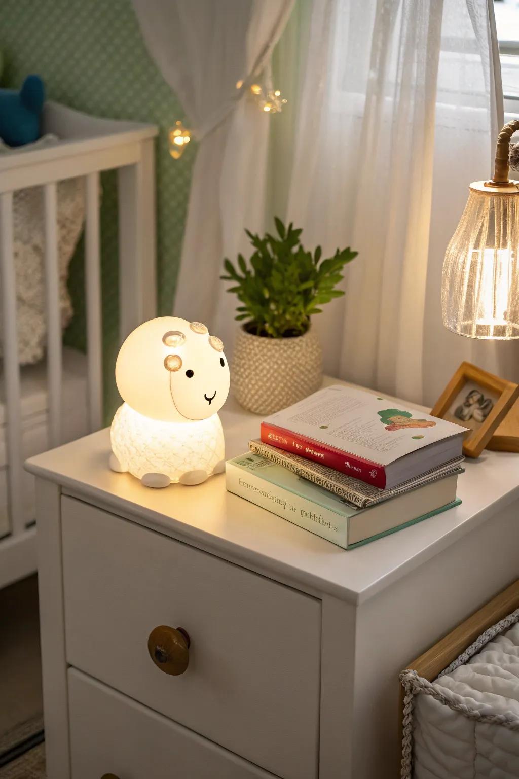 A themed night light offers comfort and charm after dark.