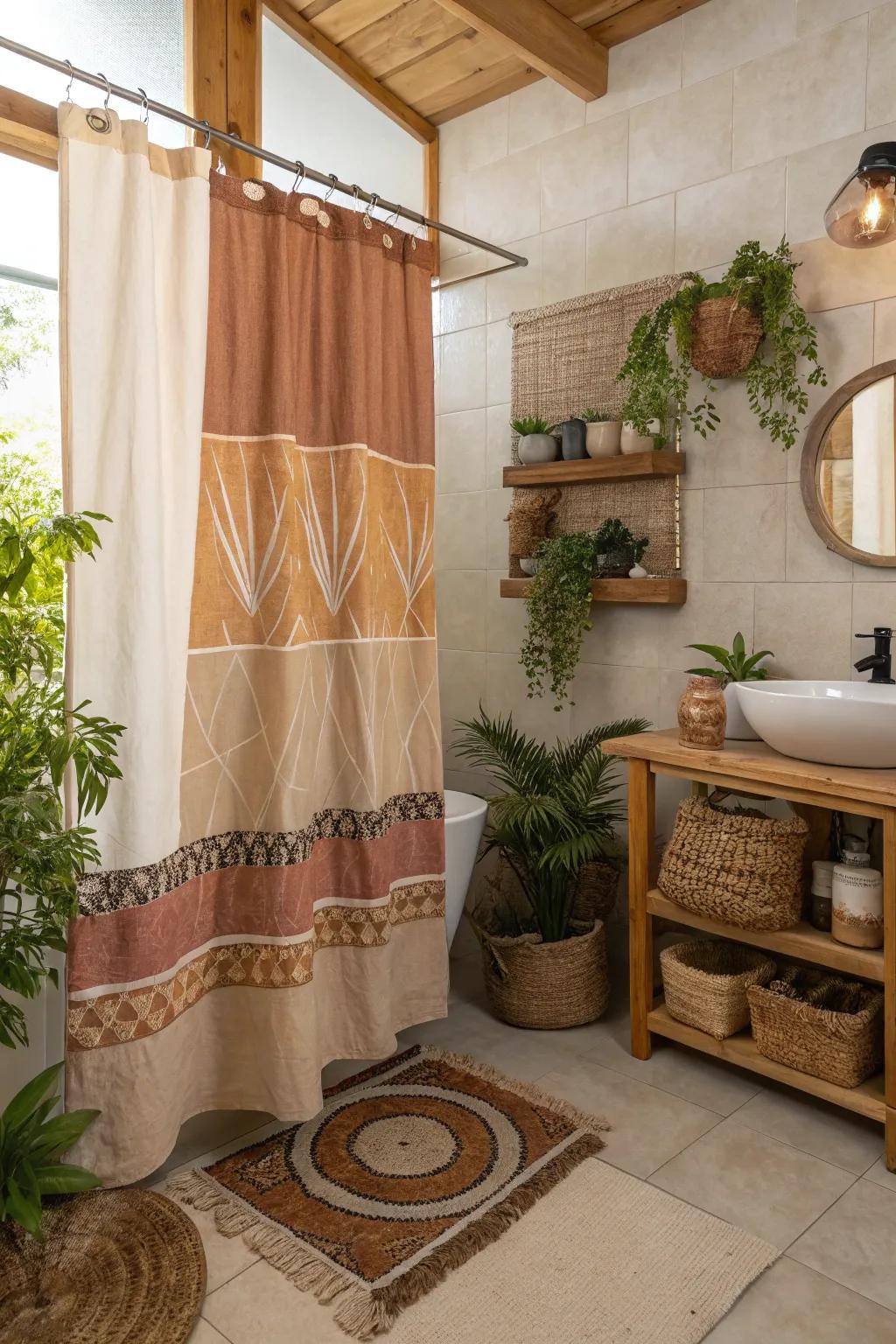 A bathroom with an earthy tone shower curtain and natural decor elements.