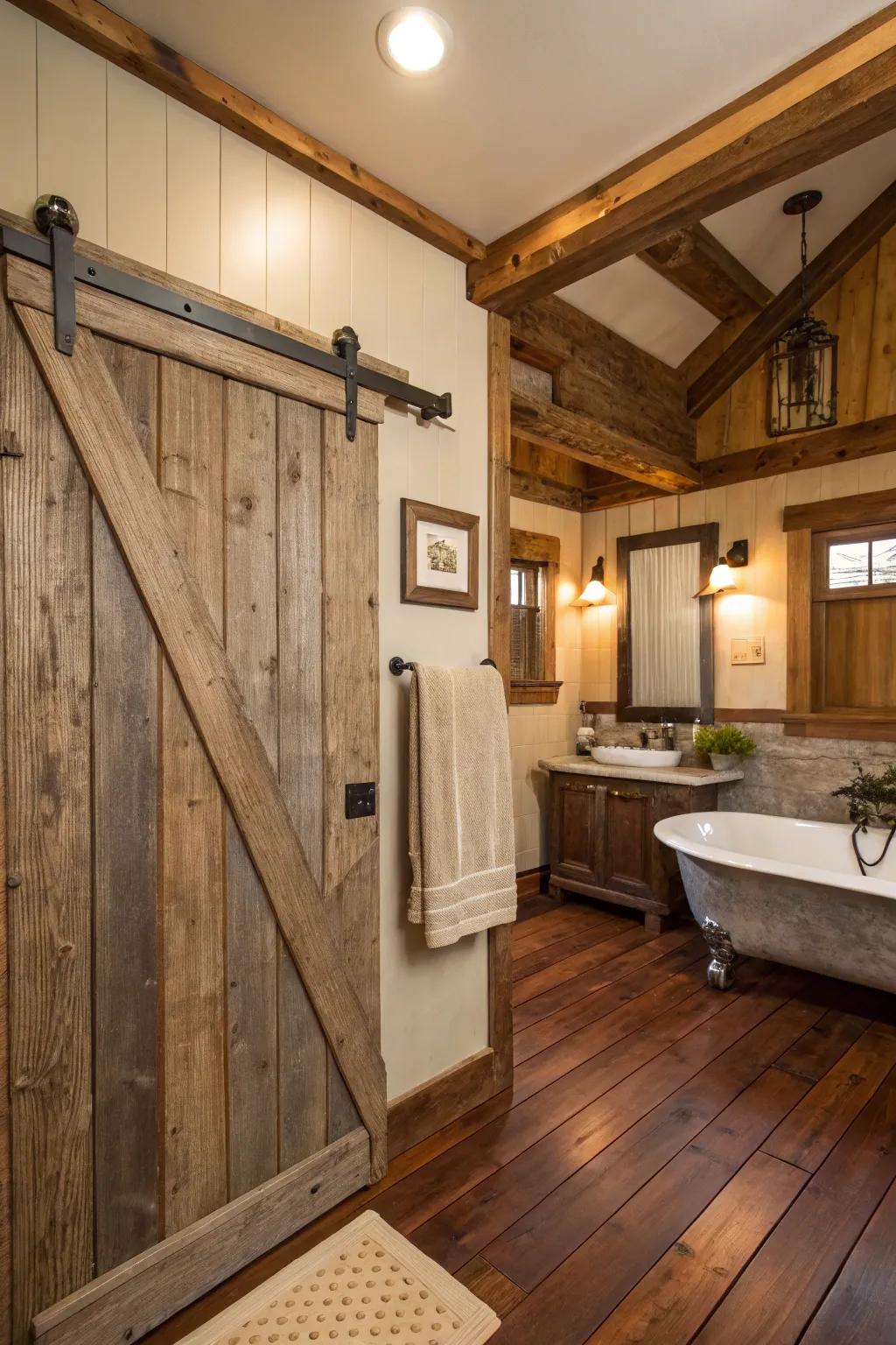 A sliding barn door saves space and enhances farmhouse style.