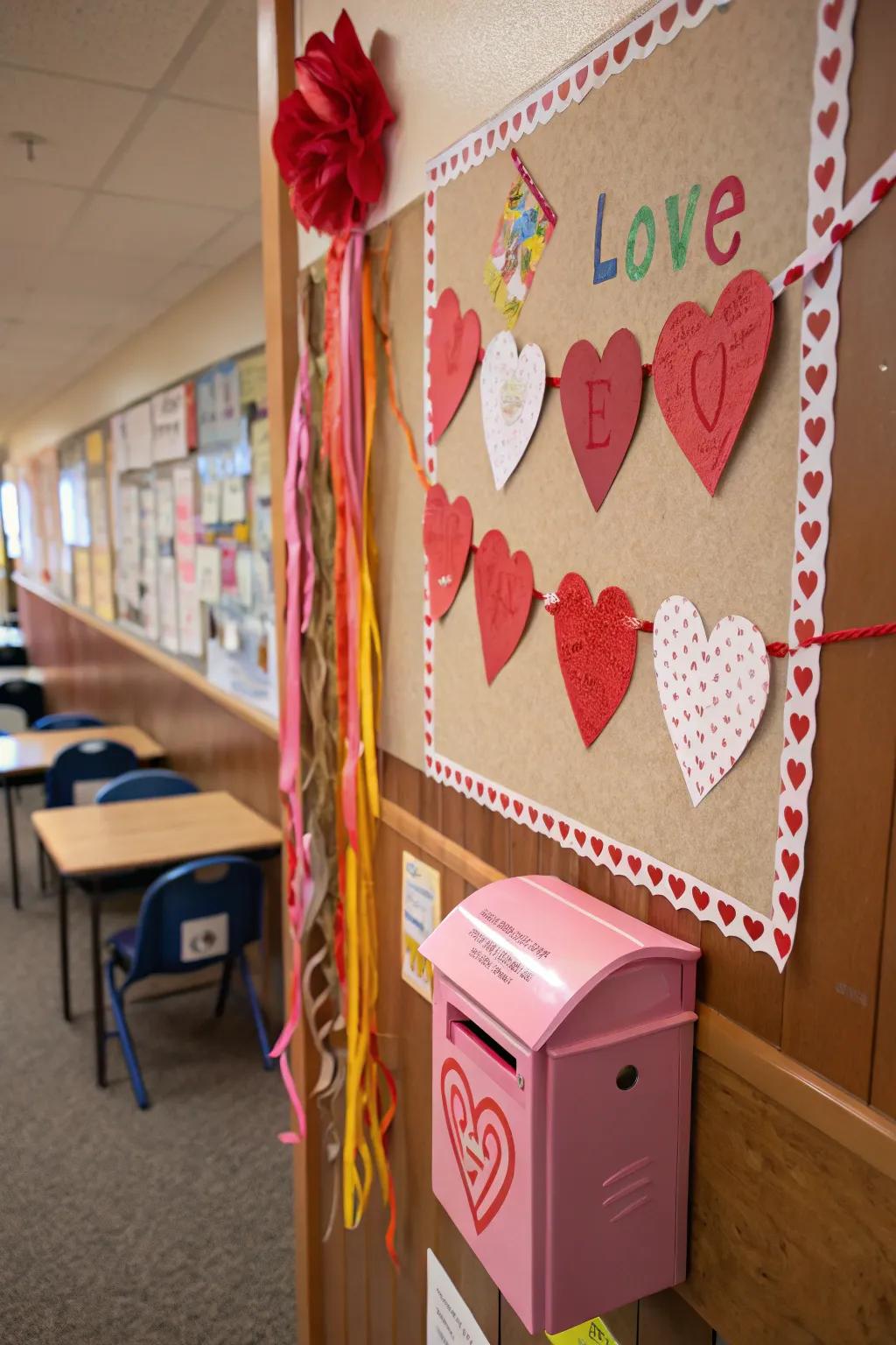 A mailbox-themed bulletin board for dropping valentine notes.