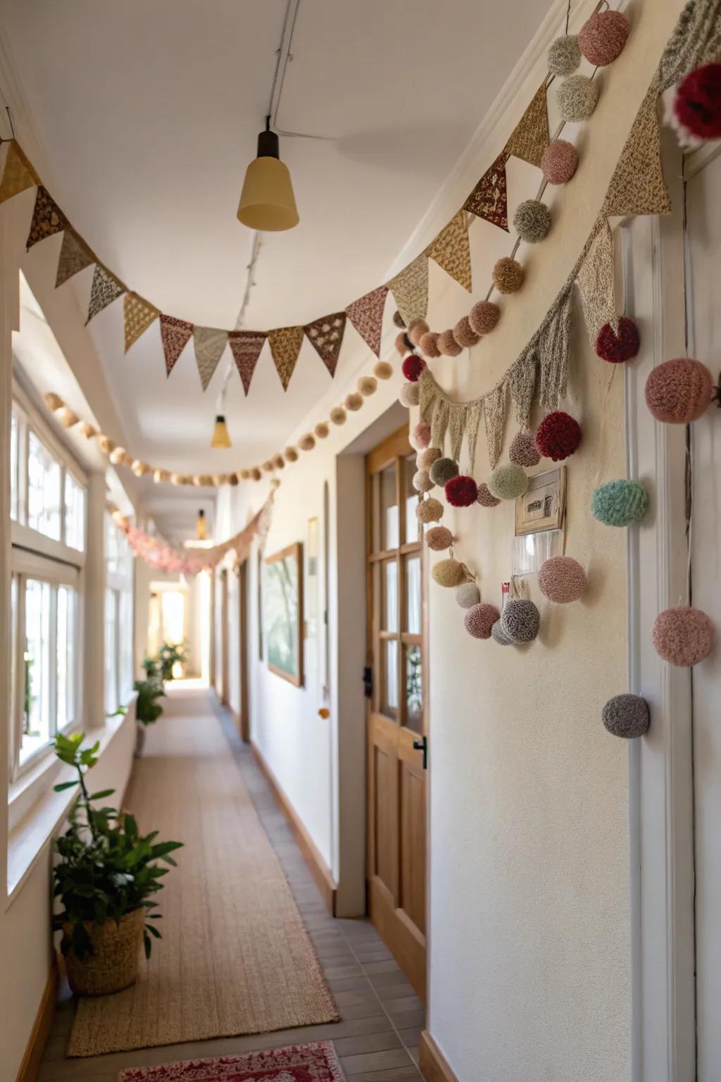 Eclectic felt garlands create a dynamic and eye-catching entrance.