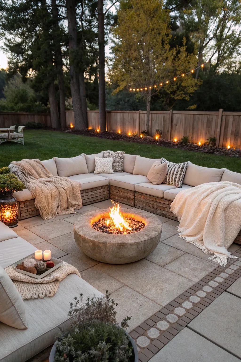 Luxurious lounge sofas offer ultimate comfort around the fire pit.