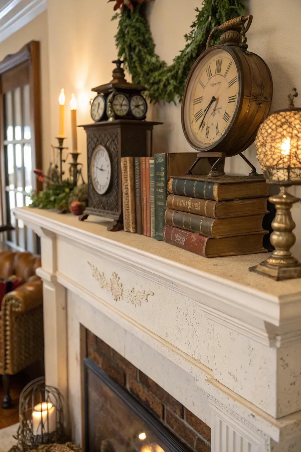 Vintage finds giving the mantel a historical charm.