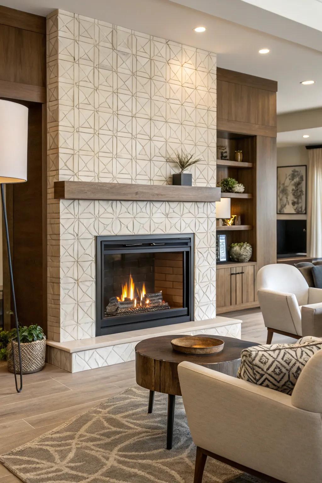 Textured tiles enhance the visual interest of this fireplace.