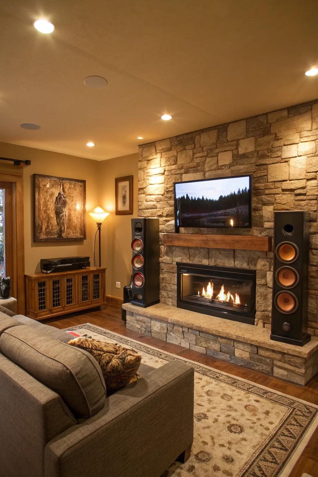 A living room with an integrated sound system in the fireplace wall.