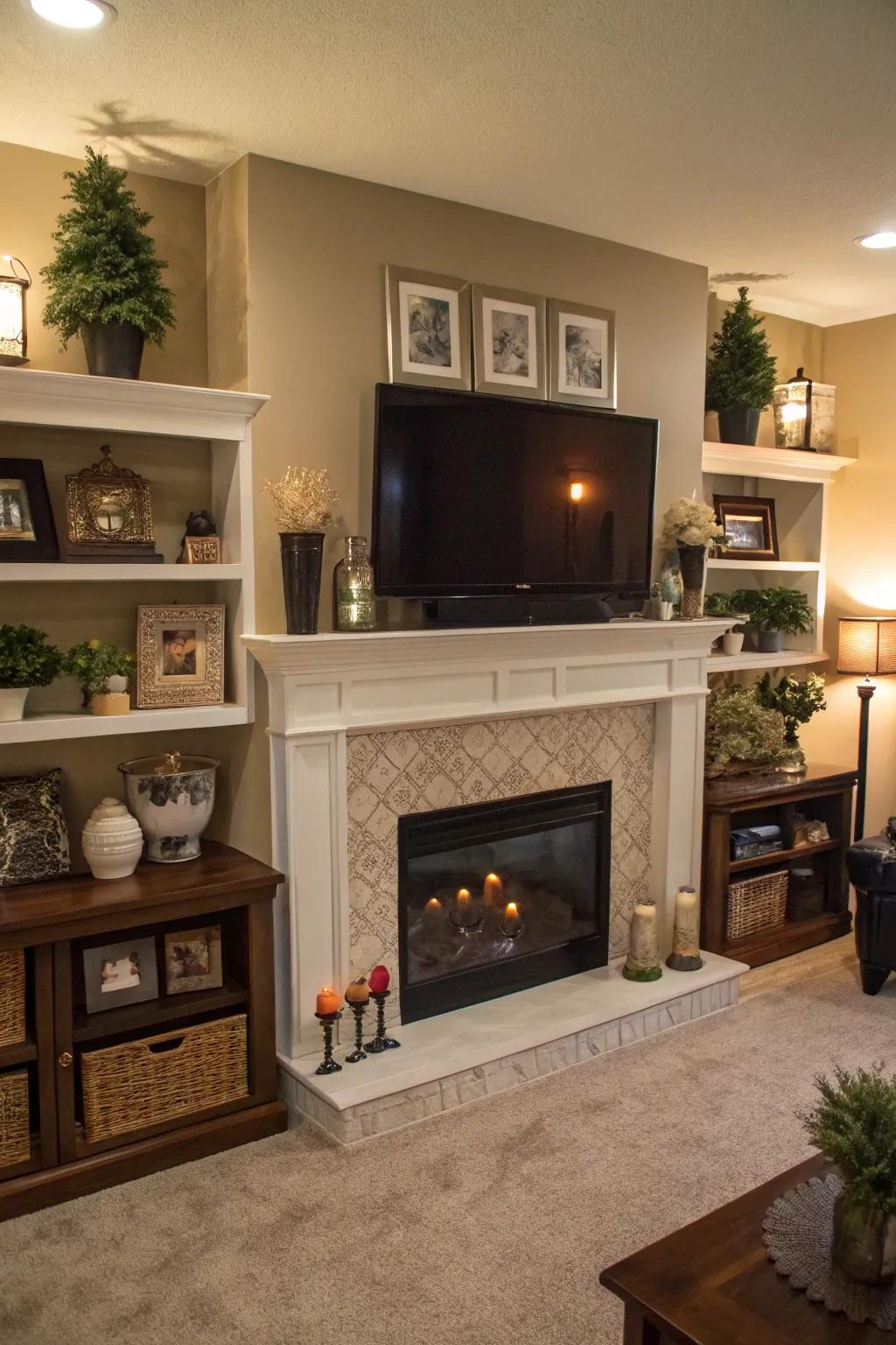 A multi-level mantel with varied decor adds interest to a living room.