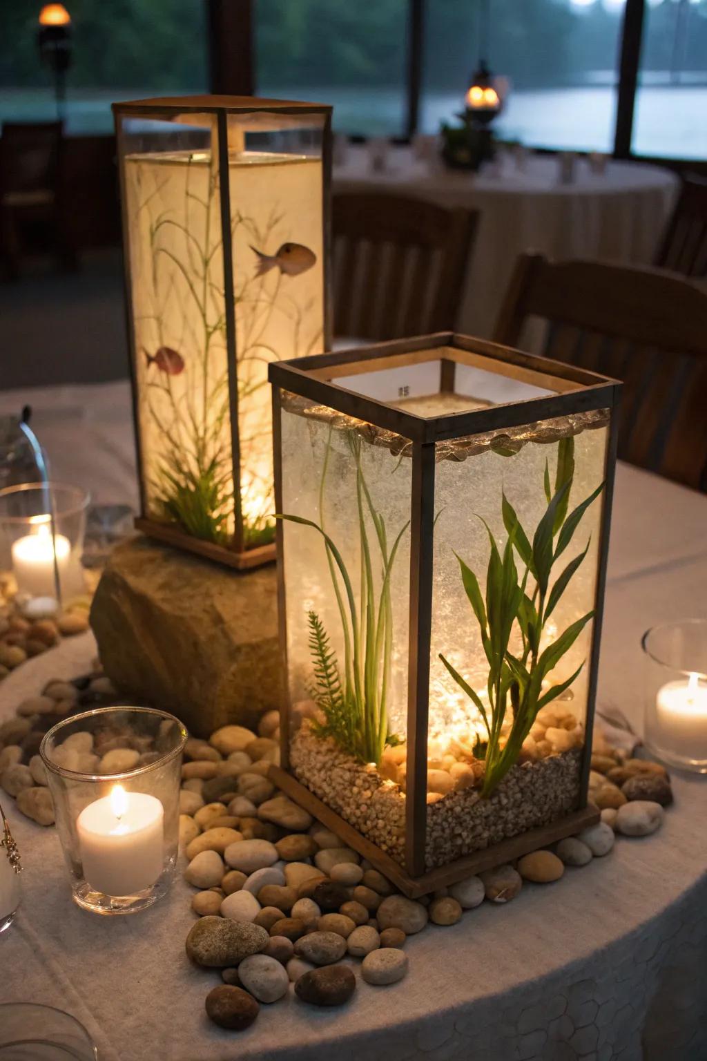 Aquatic-themed lanterns provide a soft, inviting glow.