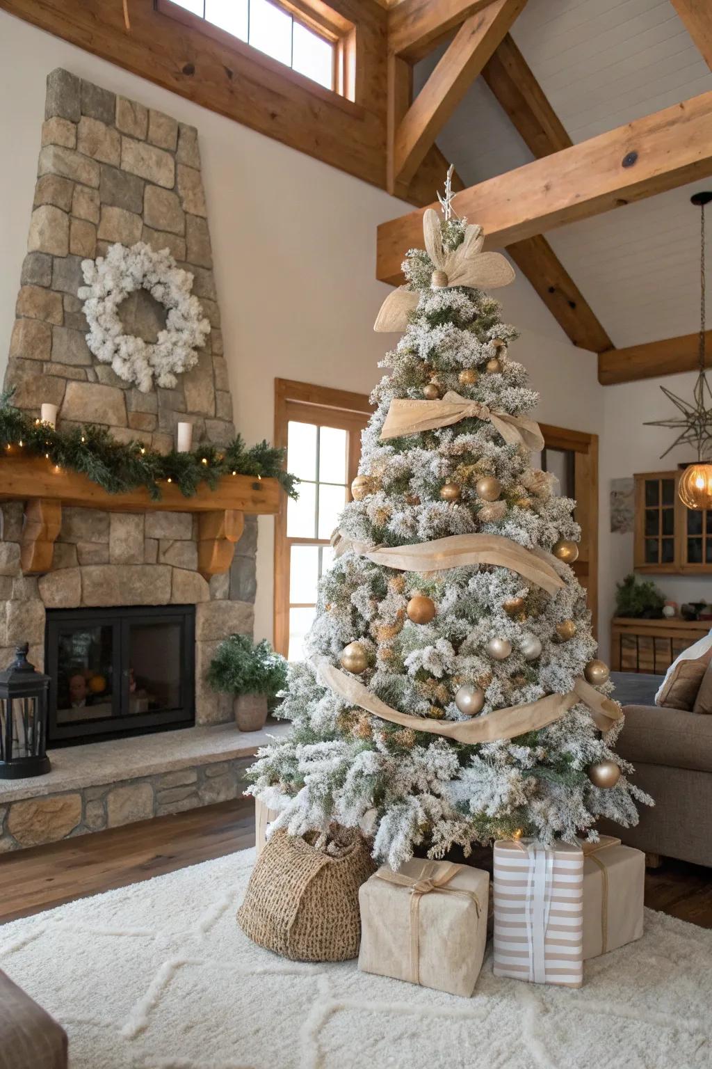 A rustic farmhouse-themed flocked Christmas tree.