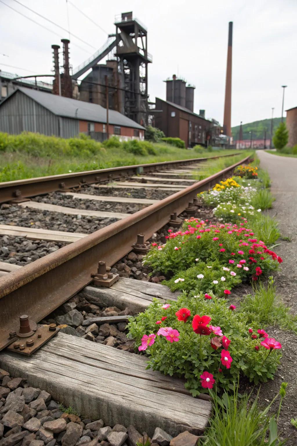 Railroad ties provide a robust and industrial flower bed border.