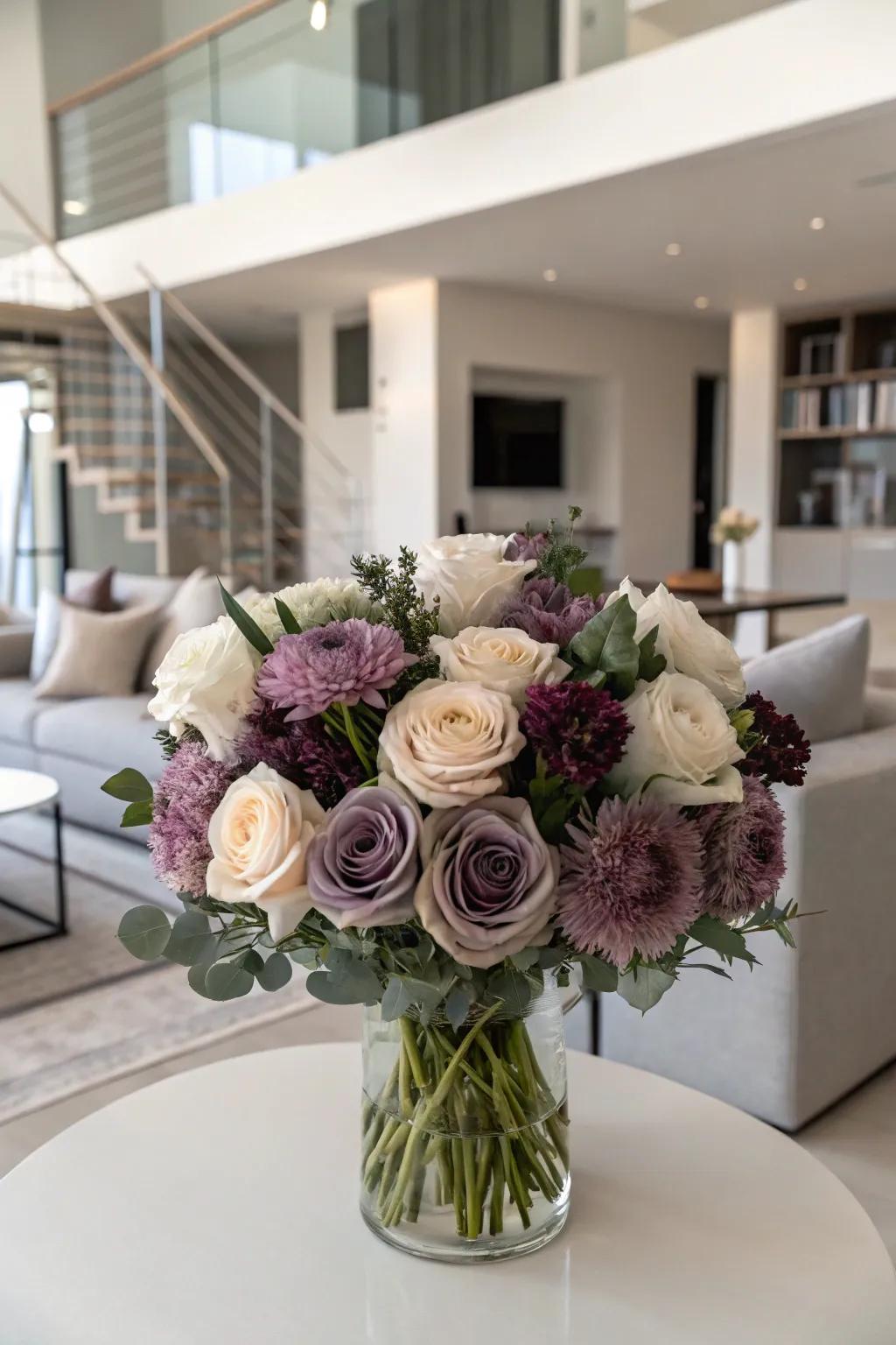 A monochromatic bouquet that offers a sophisticated birthday gift.