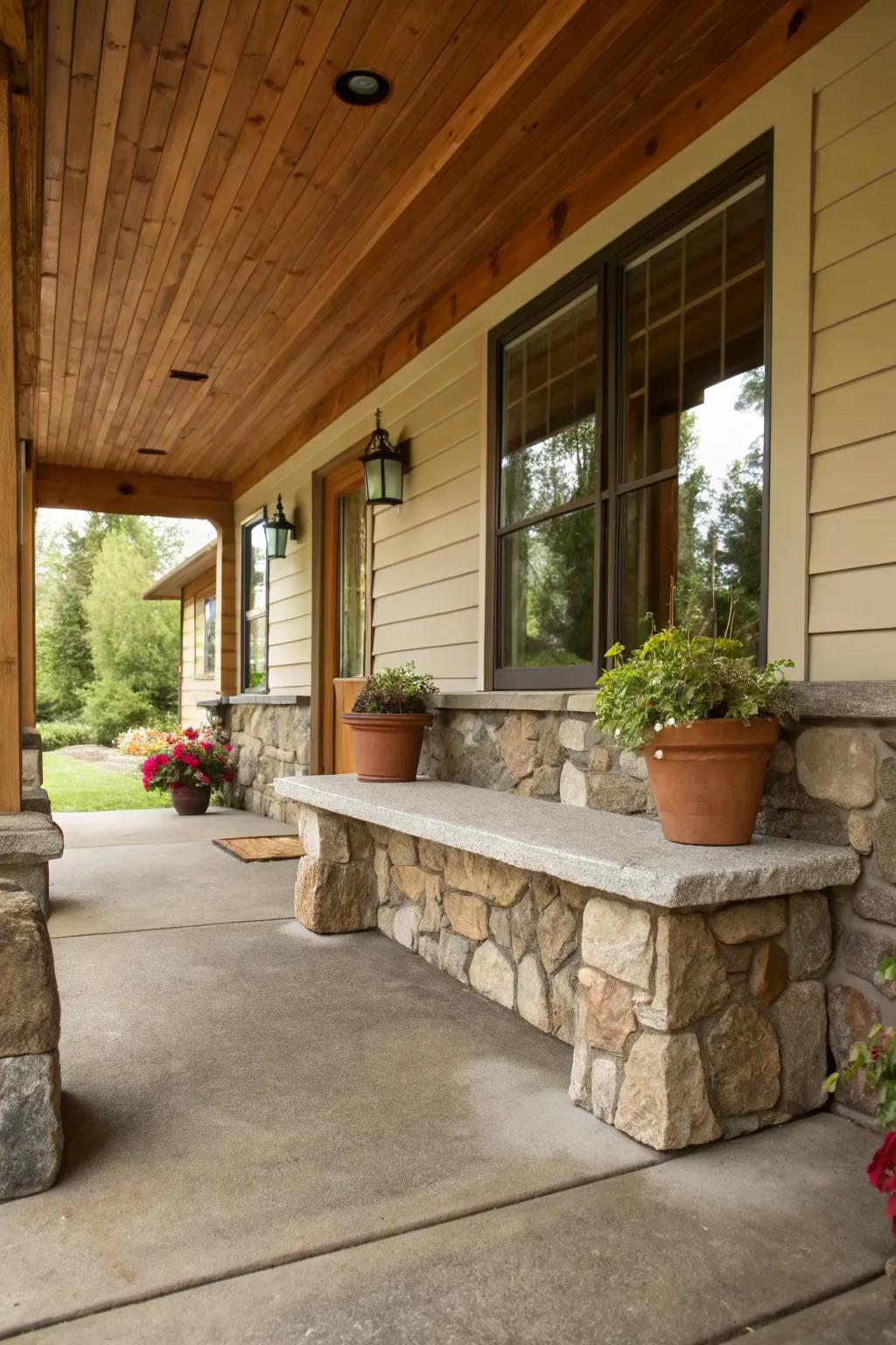 A natural stone base gives this bench a grounded and earthy feel.