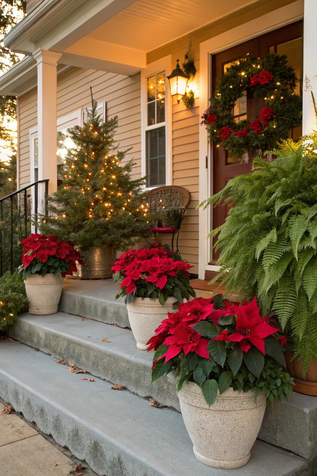 Potted plants add vibrant holiday color to your porch.