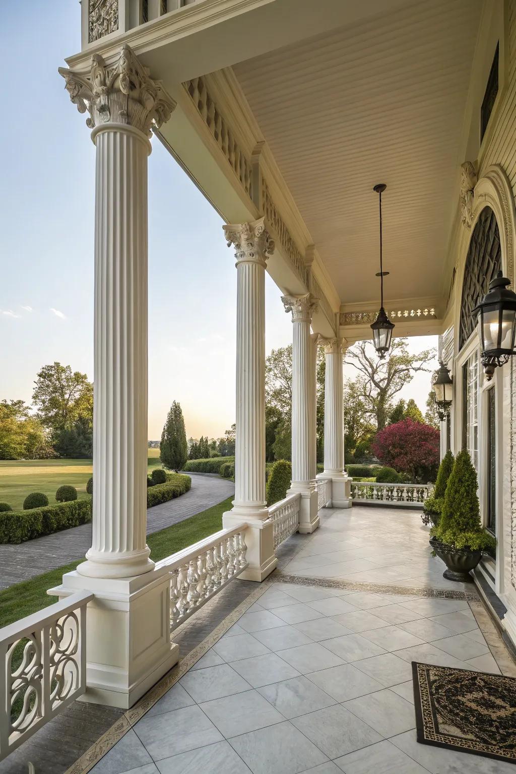 Tapered columns evoke tradition and grandeur on a porch.