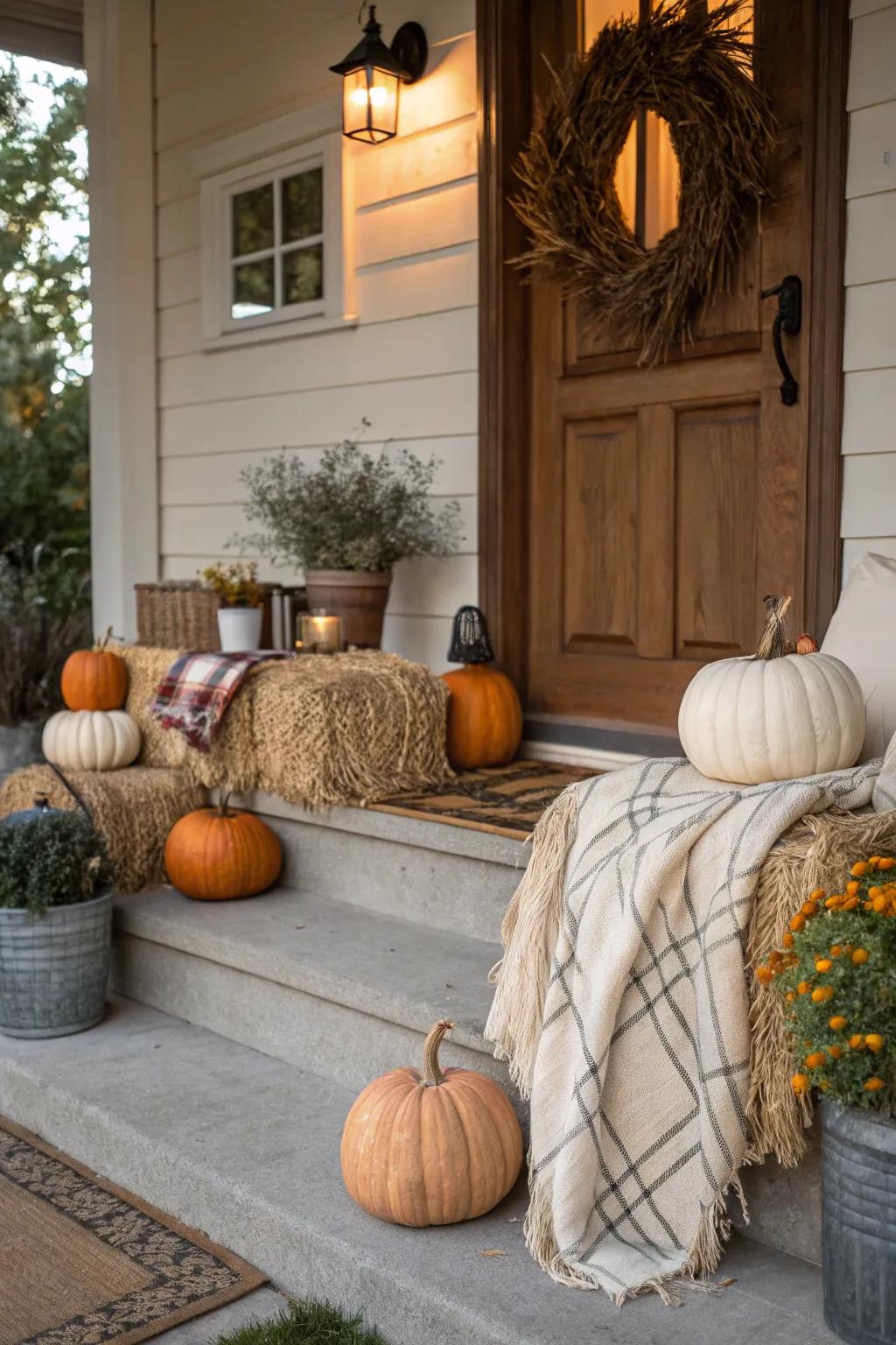 Layered textures bring depth and warmth to pumpkin displays.