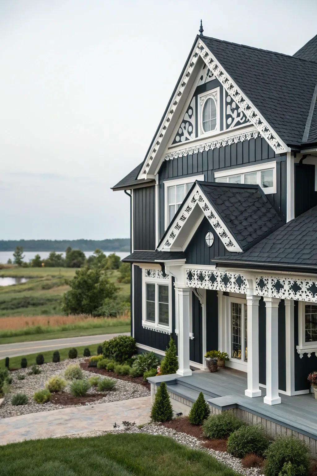 Black and white gables add dramatic sophistication.