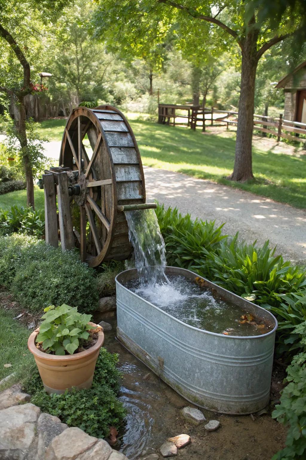 A small water wheel adds movement to a rustic trough fountain.