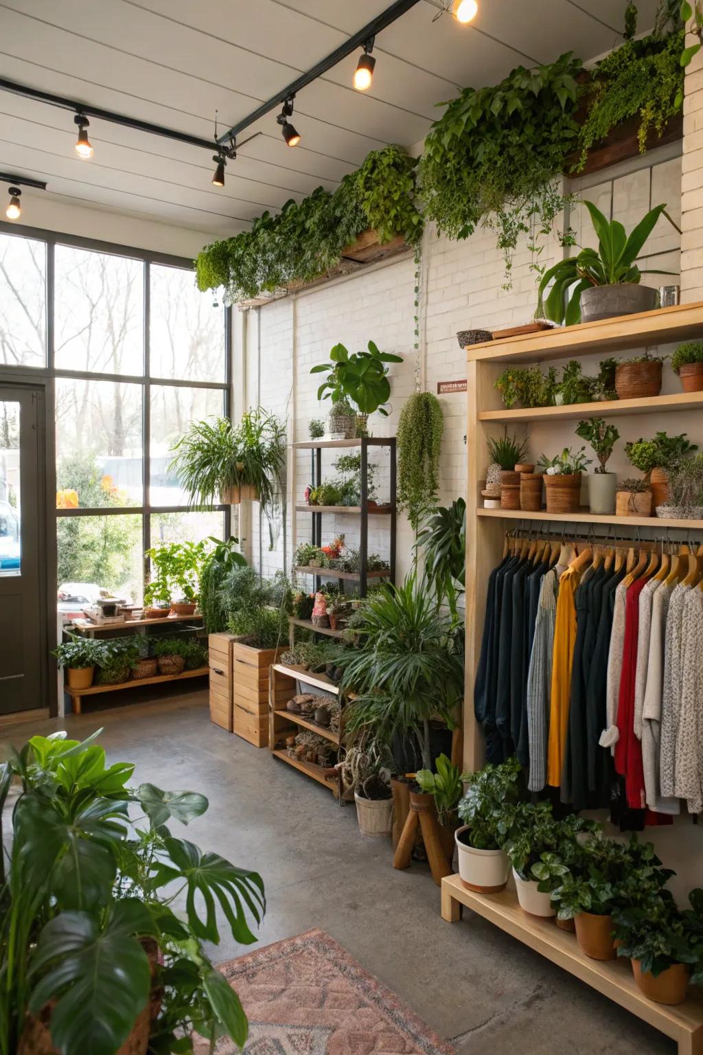 Greenery and plants providing a fresh touch in a garage boutique.