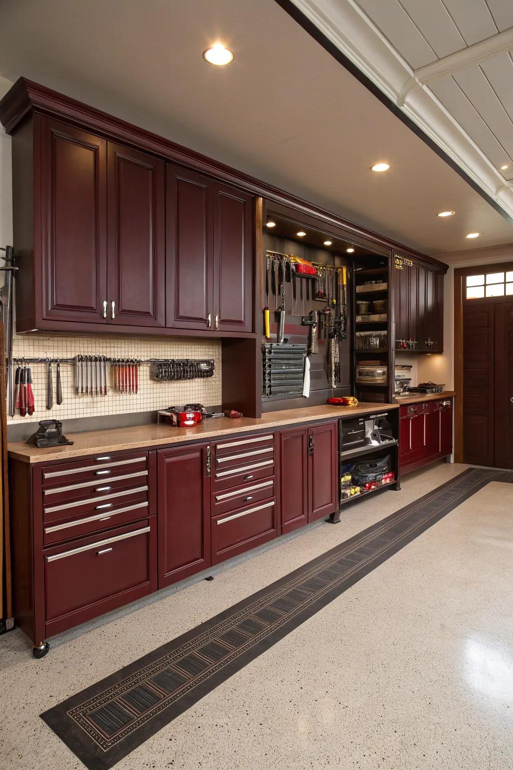 Burgundy cabinets provide a rich, classic feel.