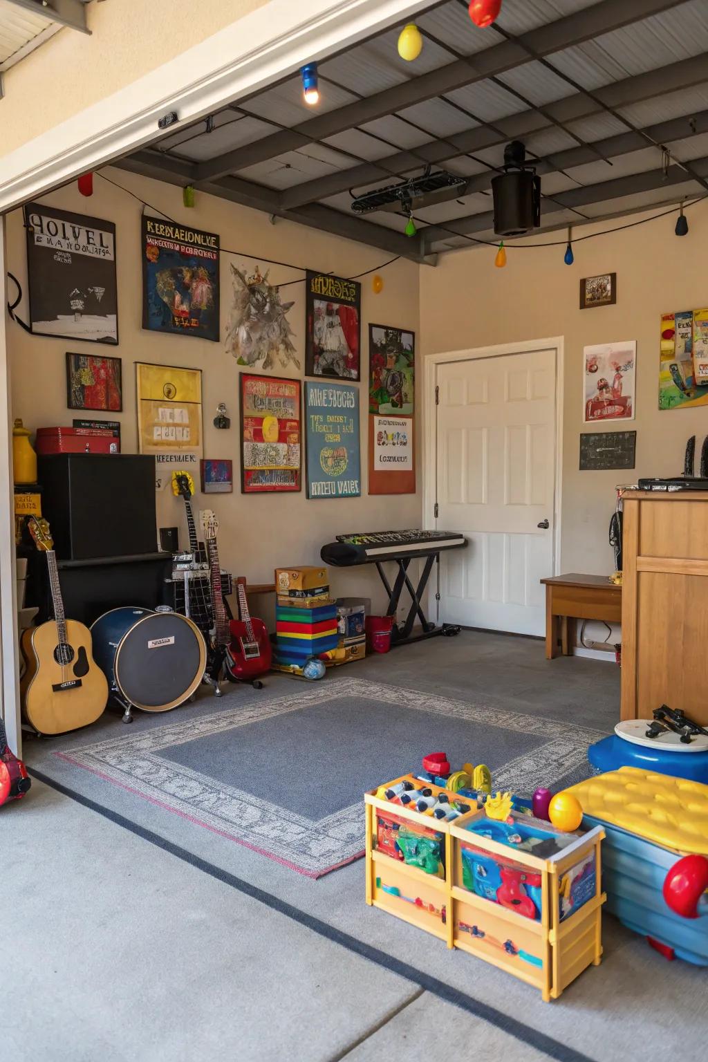 A versatile garage serving as both a playroom and a music studio.