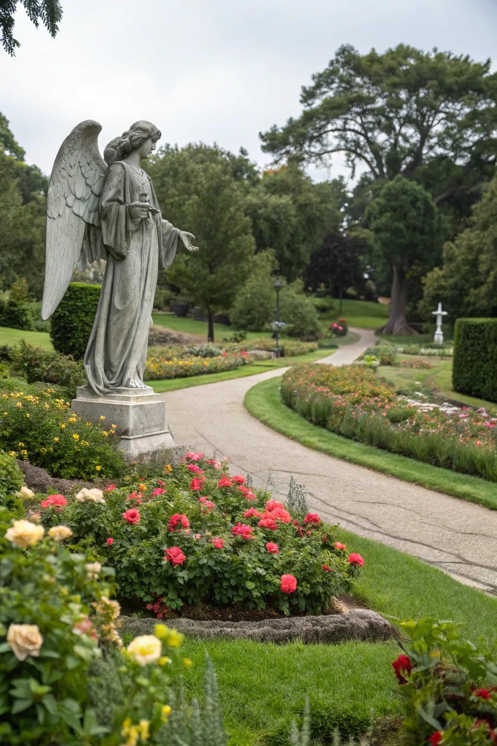 Majestic angel statue as the garden's focal point.