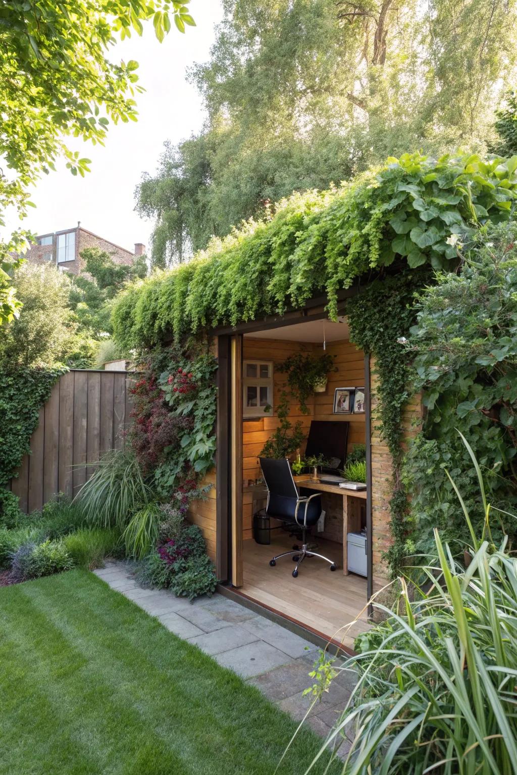 A secret garden office, cleverly concealed behind a vibrant living wall.