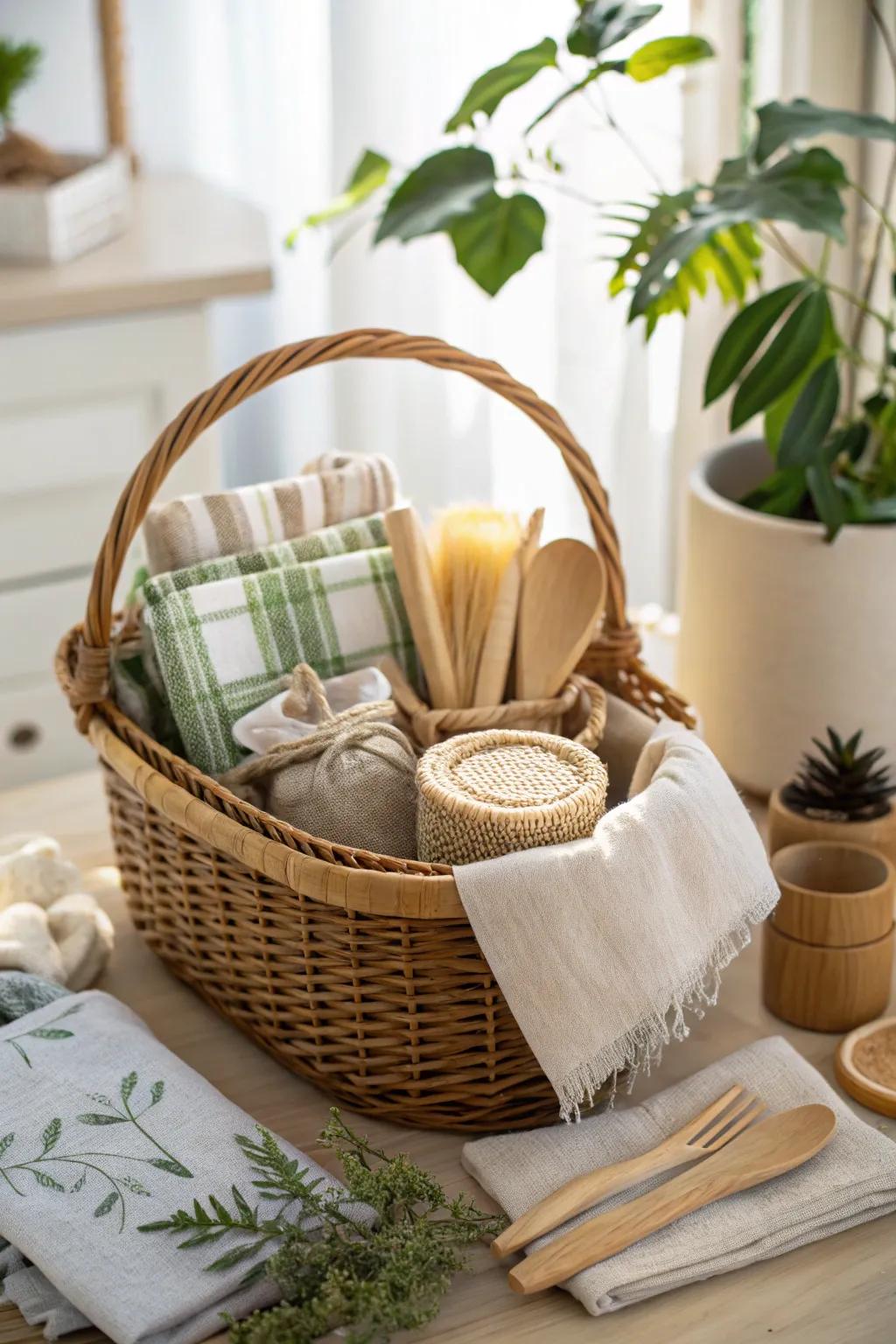 An eco-friendly gift basket with sustainable elegance.