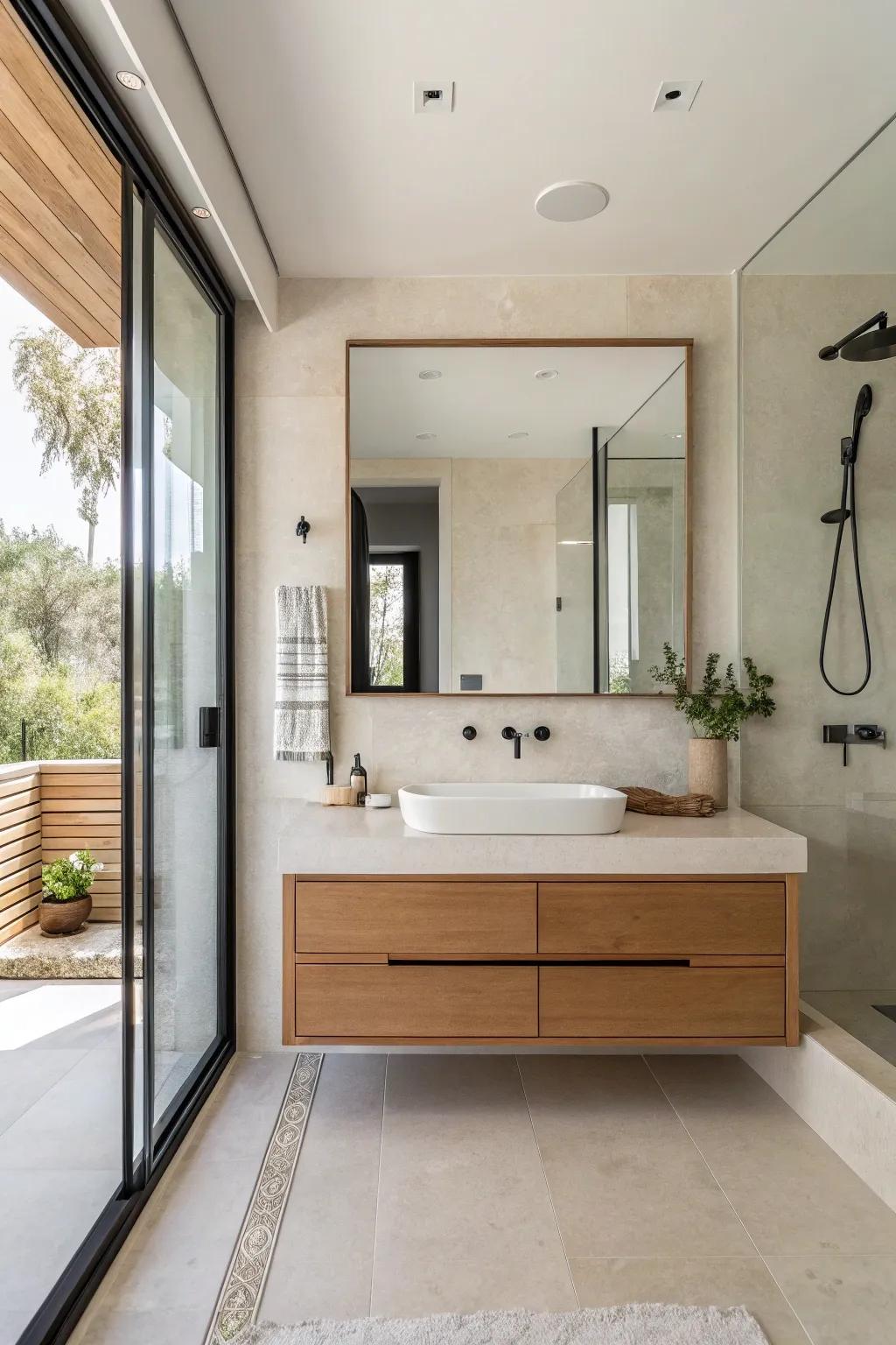 A minimalist bathroom featuring a floating vanity.