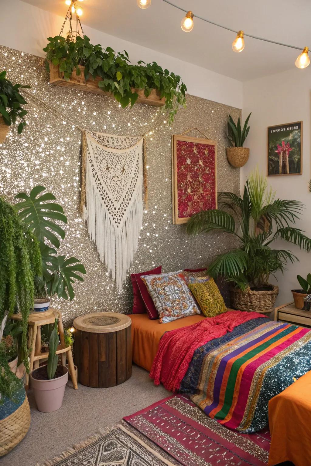 A glitter accent wall adds to an eclectic boho vibe.