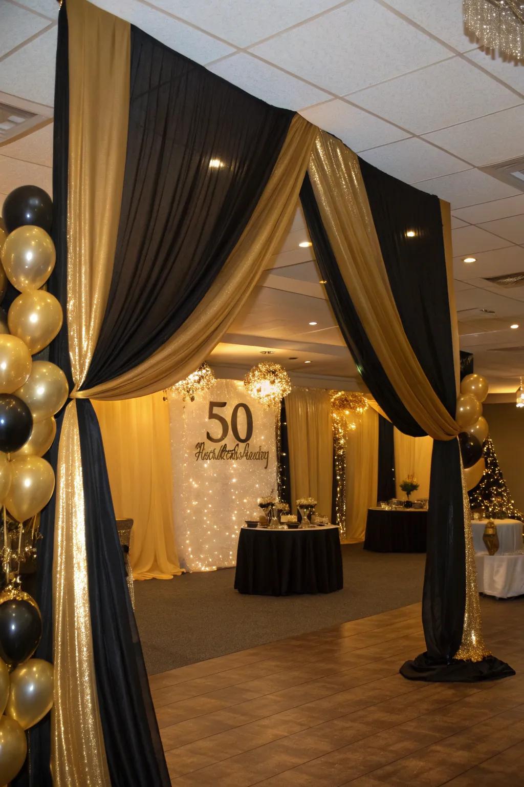 Gold and black drapes add elegance and drama to the venue.