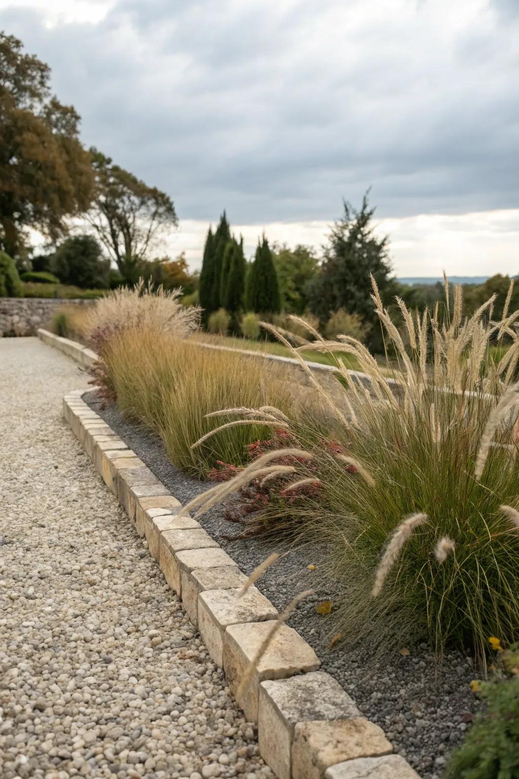 A textured gravel flower bed with ornamental grasses