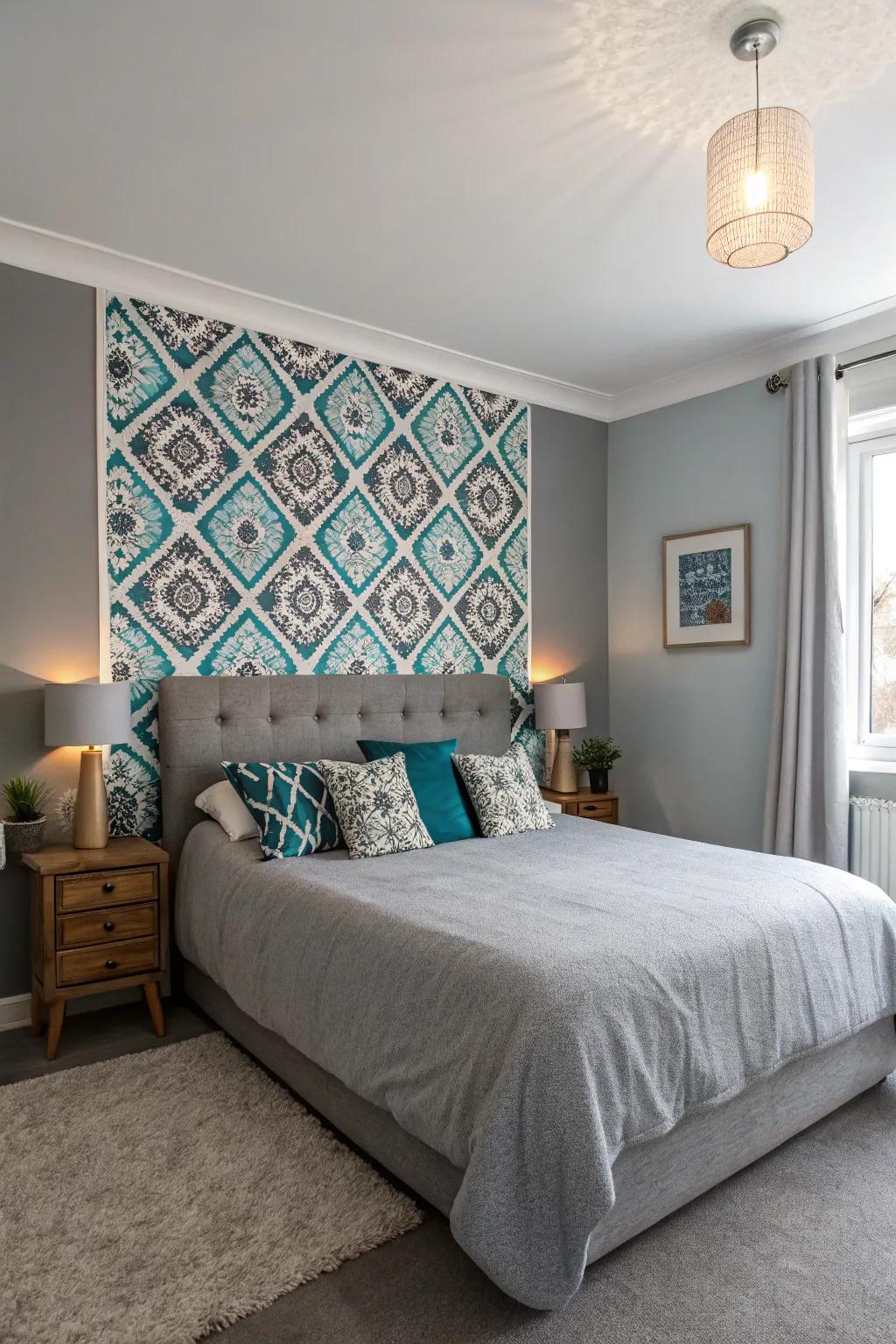 A feature wall adds a striking focal point to a gray bedroom.