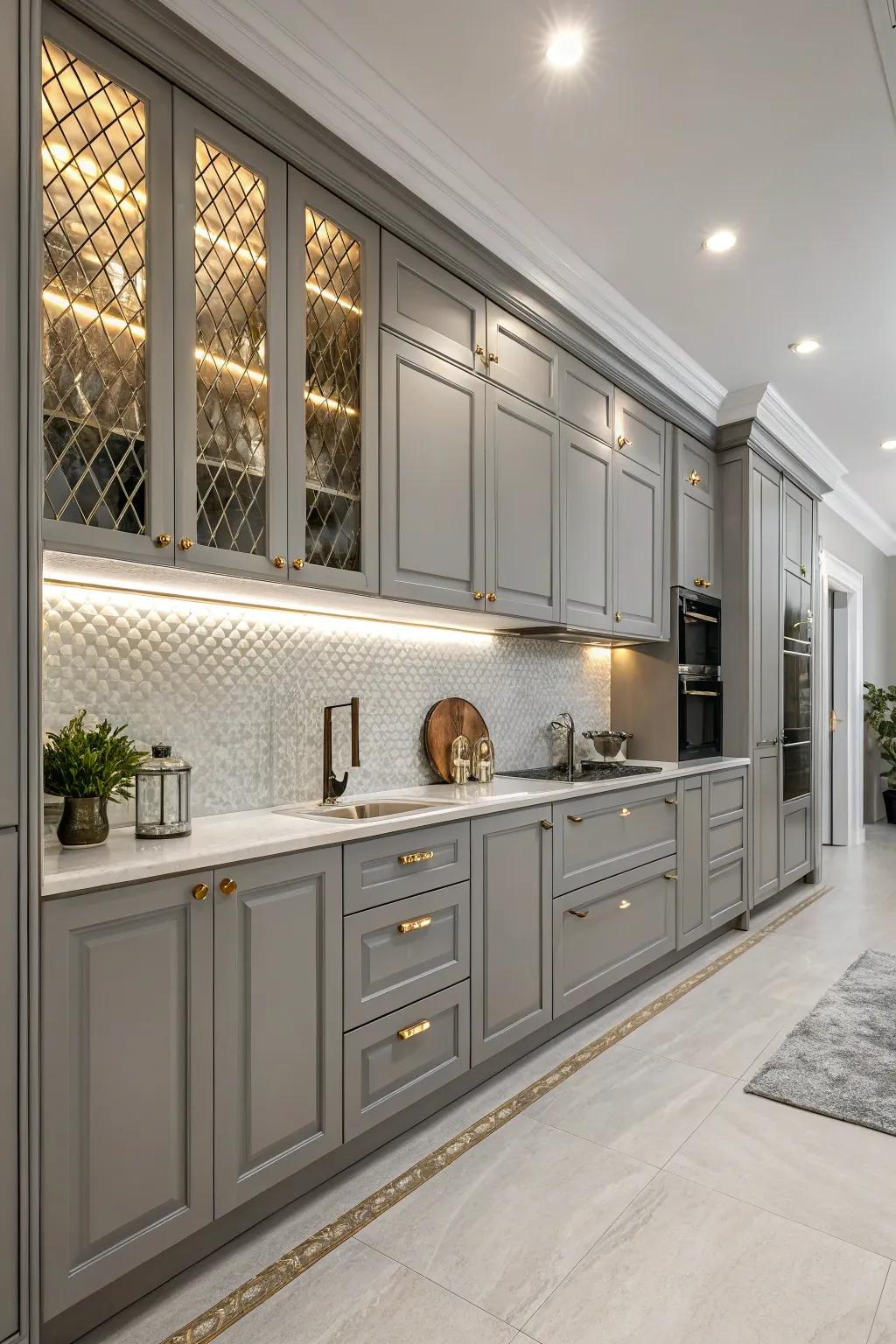 Metallic accents add a modern edge to gray cabinets.