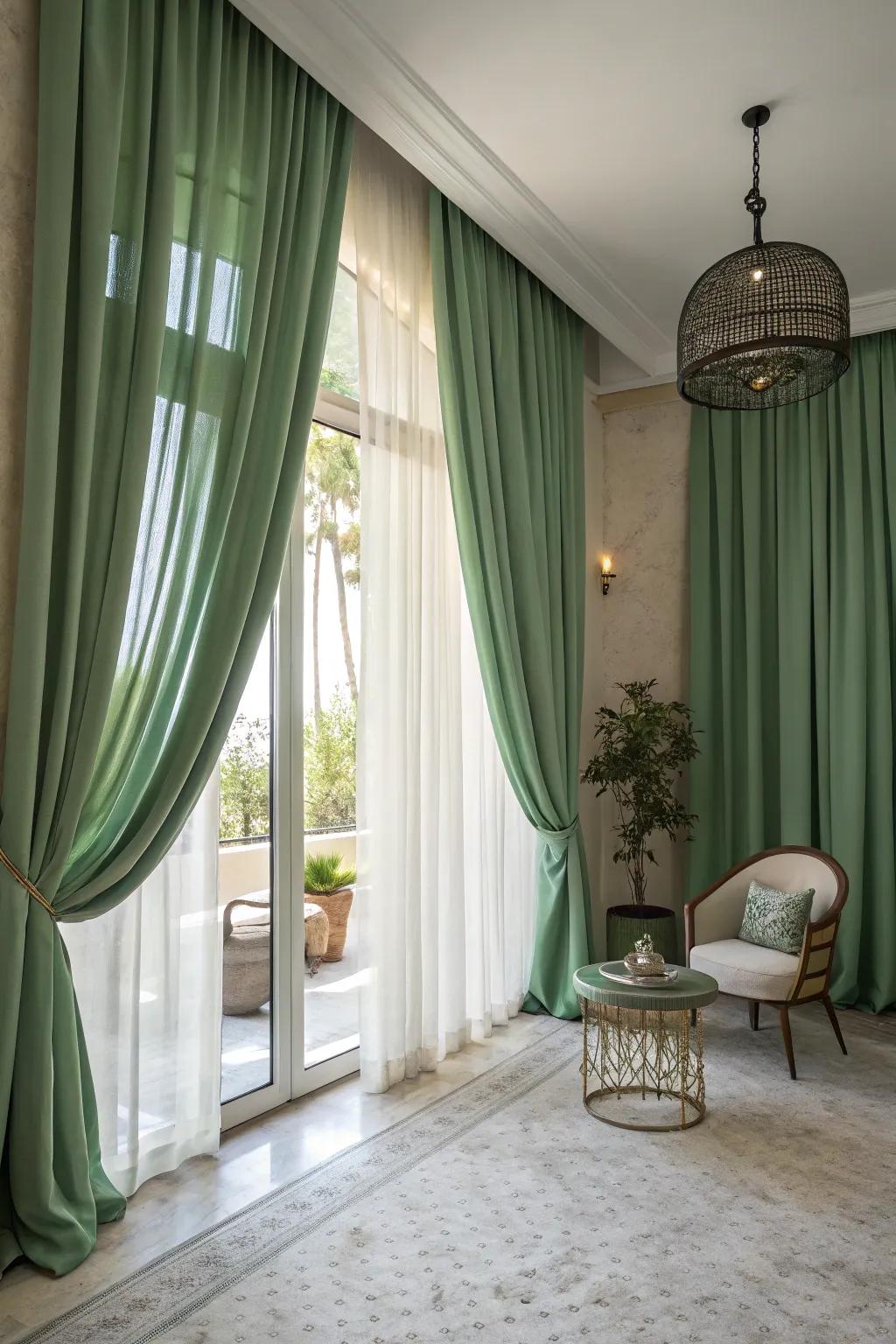 Green curtains add elegance and softly filter light.
