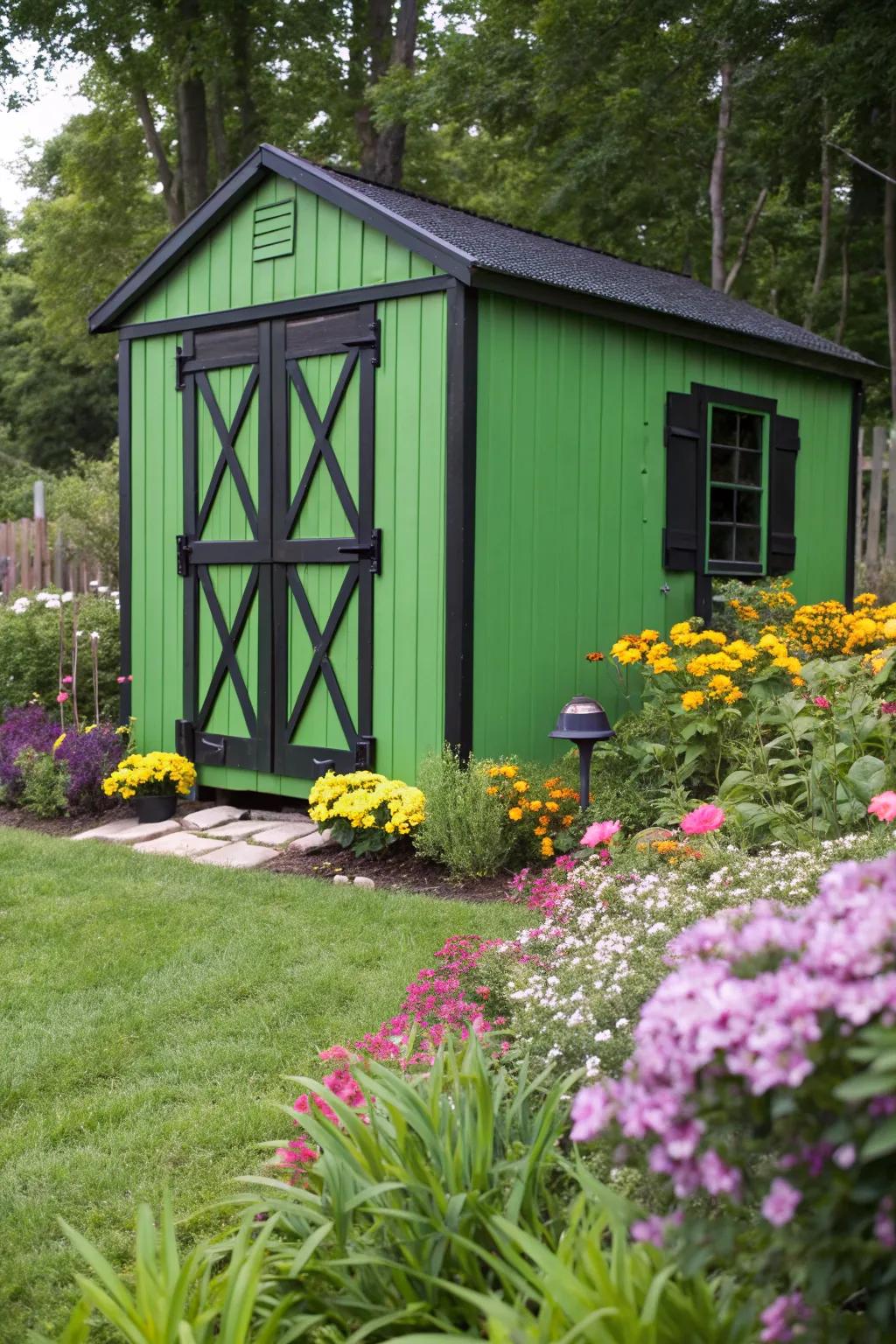 Black accents provide a bold contrast to a green shed.