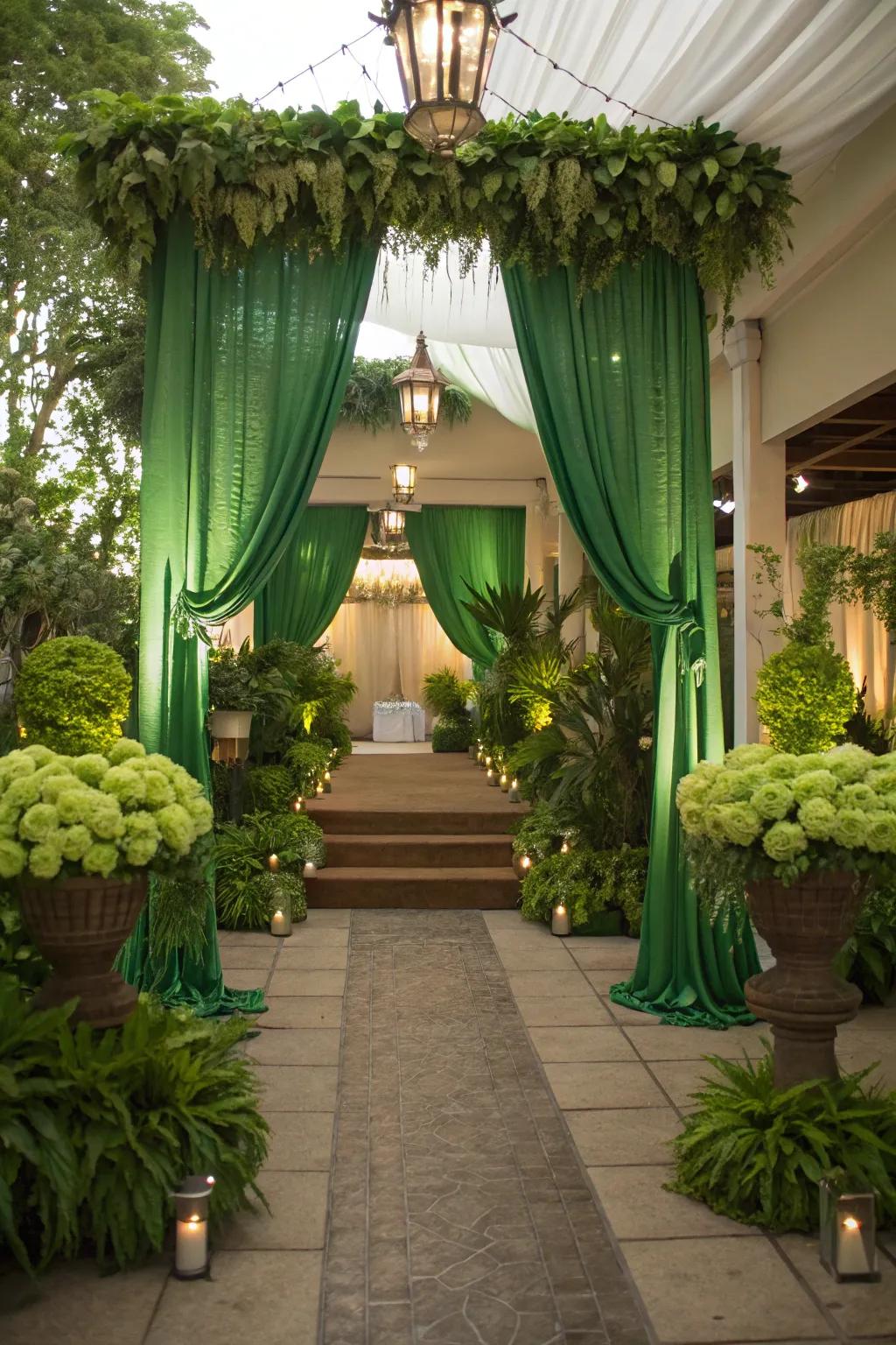 A romantic green-themed wedding setup.