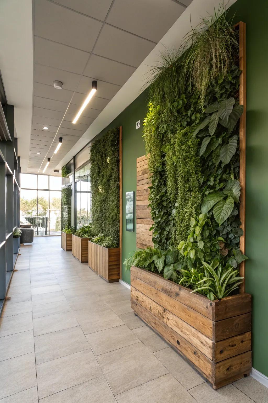 A green wall featuring eco-friendly materials for a sustainable look.