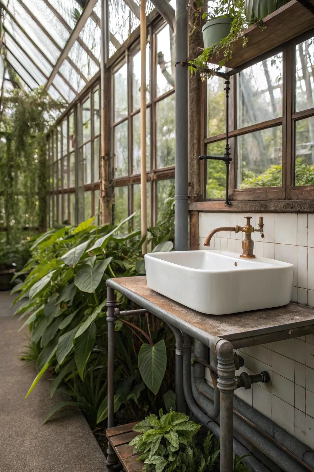 An industrial chic sink that brings a modern edge to greenhouse decor.