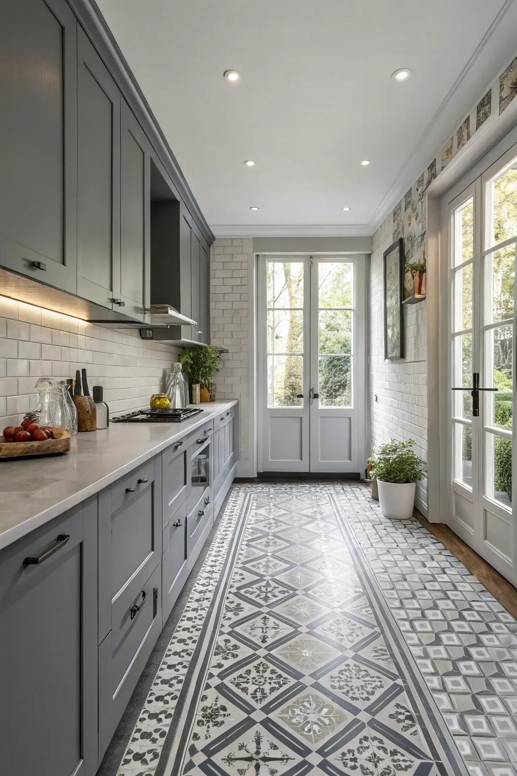 Geometric patterns bring creativity and fun to a grey kitchen.