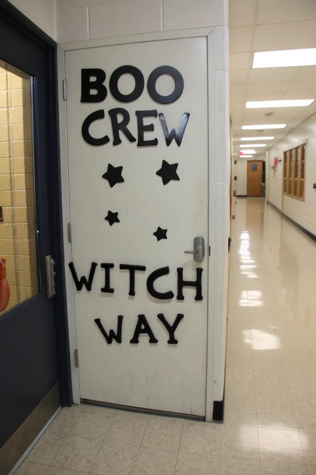 Spooky phrases adding a playful touch to the Halloween door.