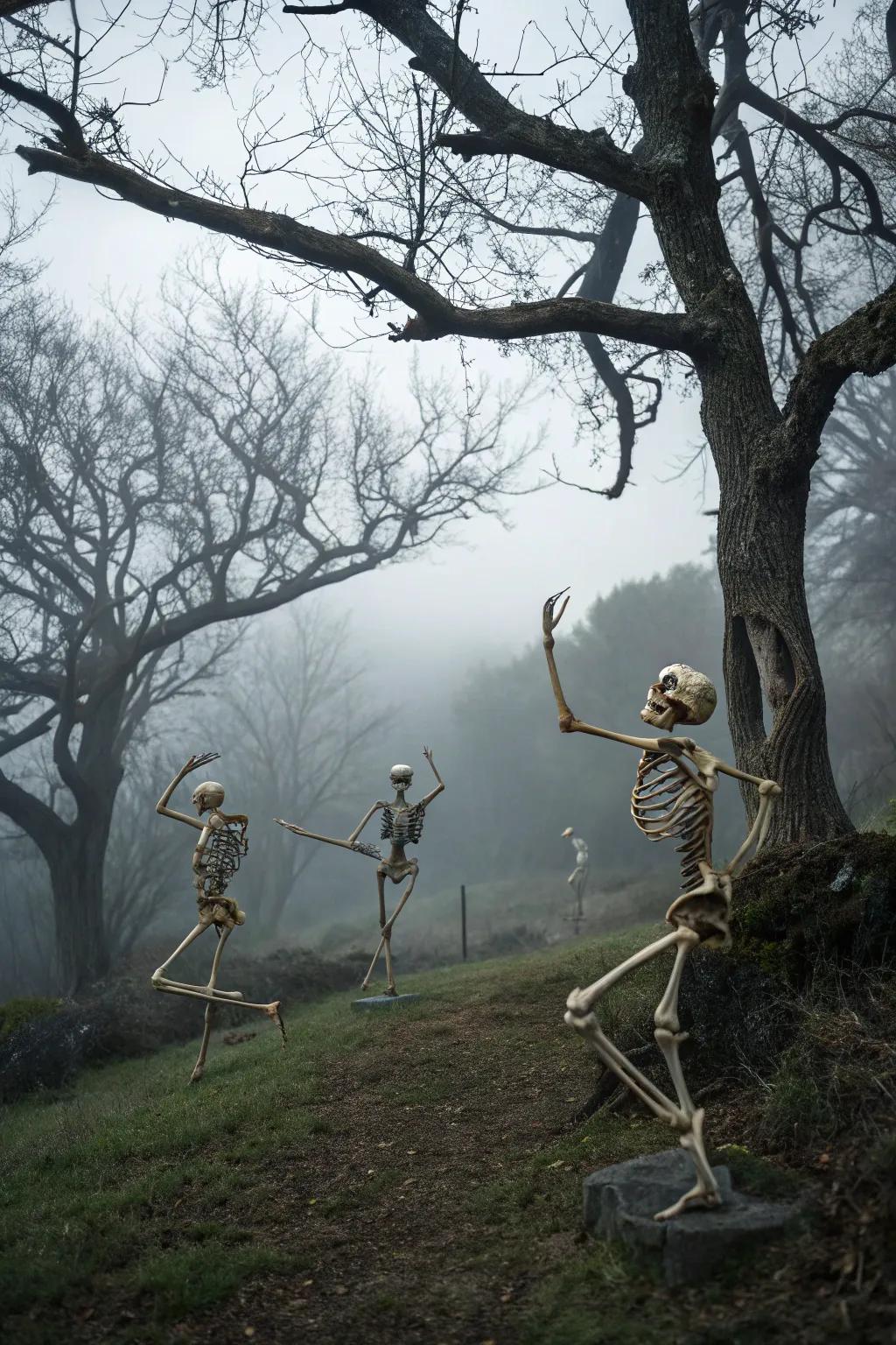 Skeletons caught mid-dance add a playful spookiness.