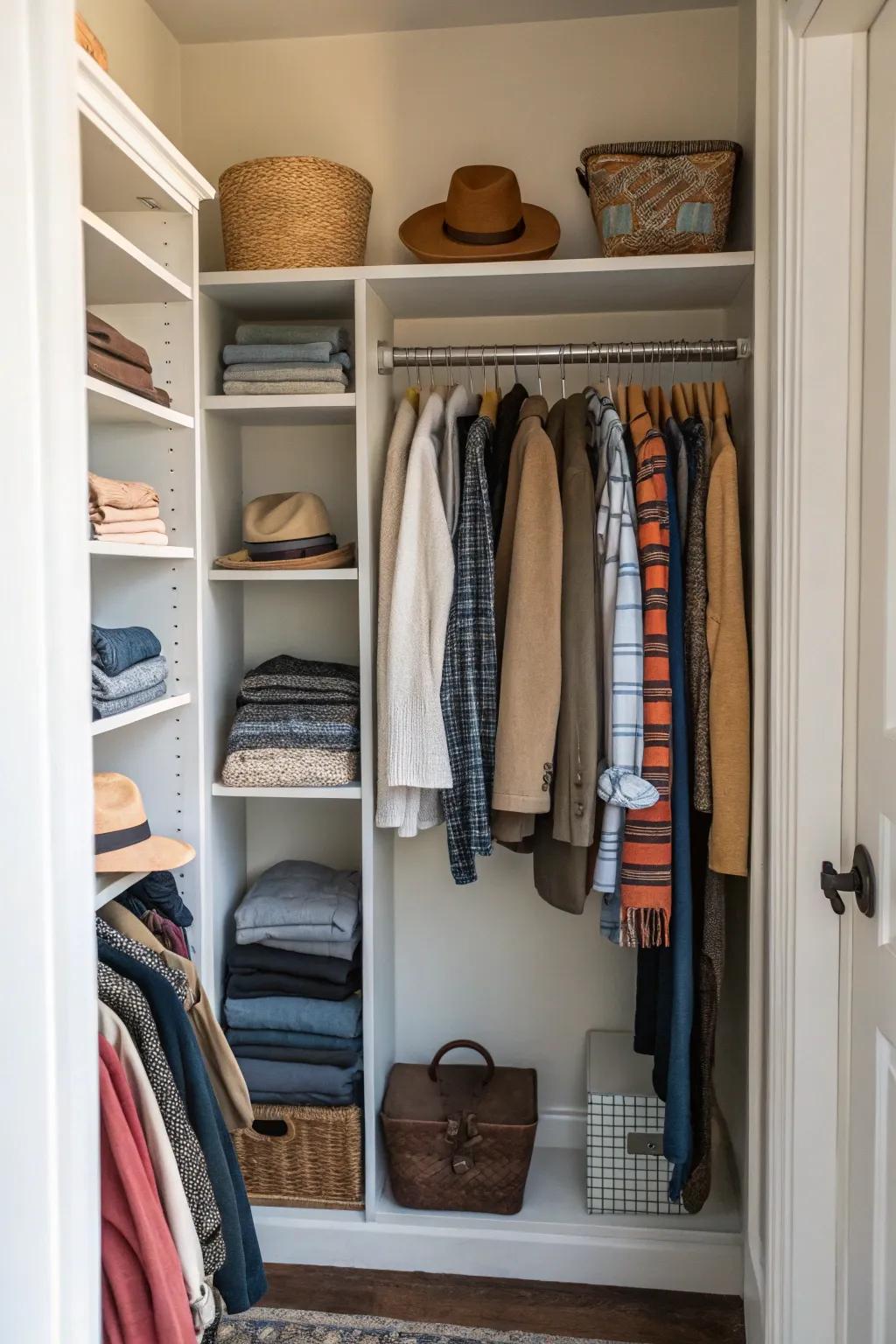 A seasonal rotation system in a hallway closet for organized and timely access to items.