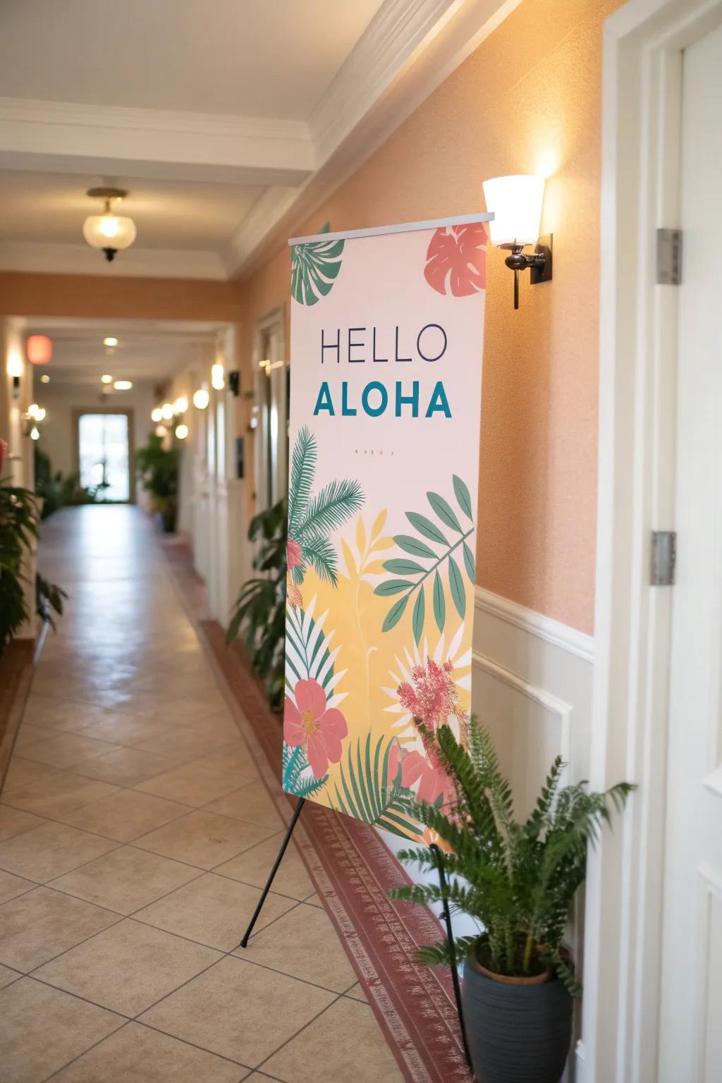 A poster with 'Hello Aloha' text providing a warm welcome in a hallway.