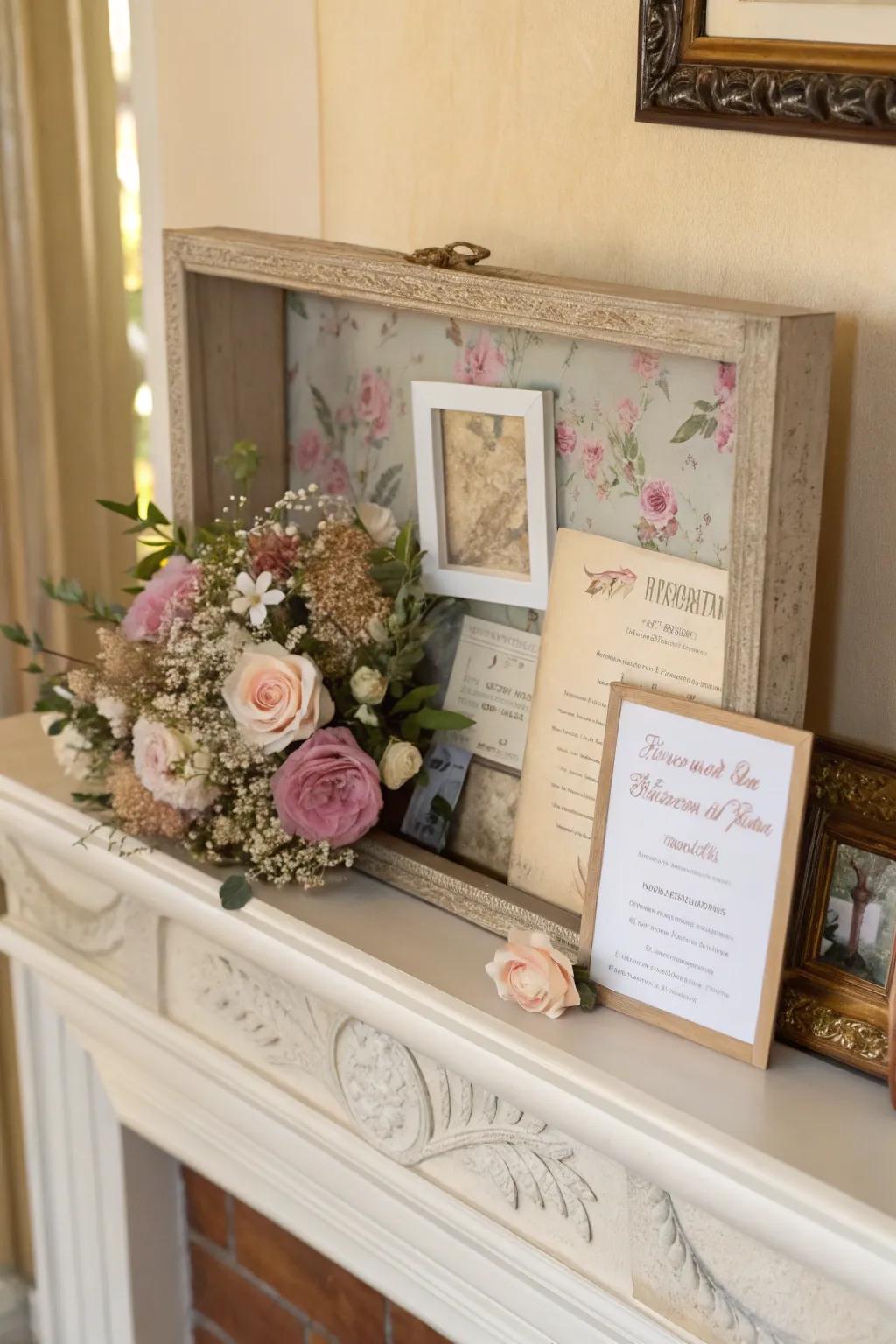 A keepsake shadow box that holds cherished wedding memories.