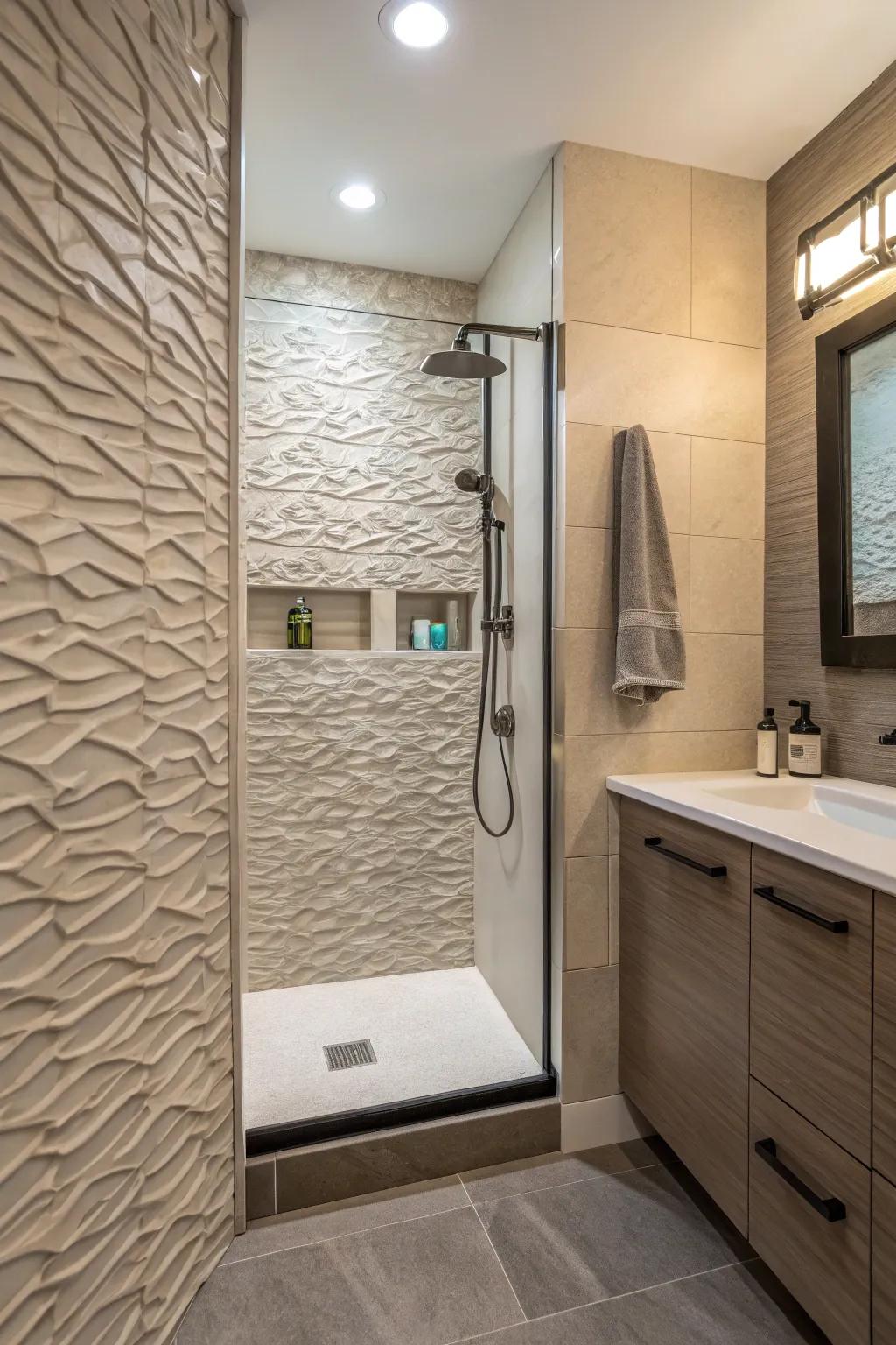 Textured accent walls add dimension to hidden shower designs.