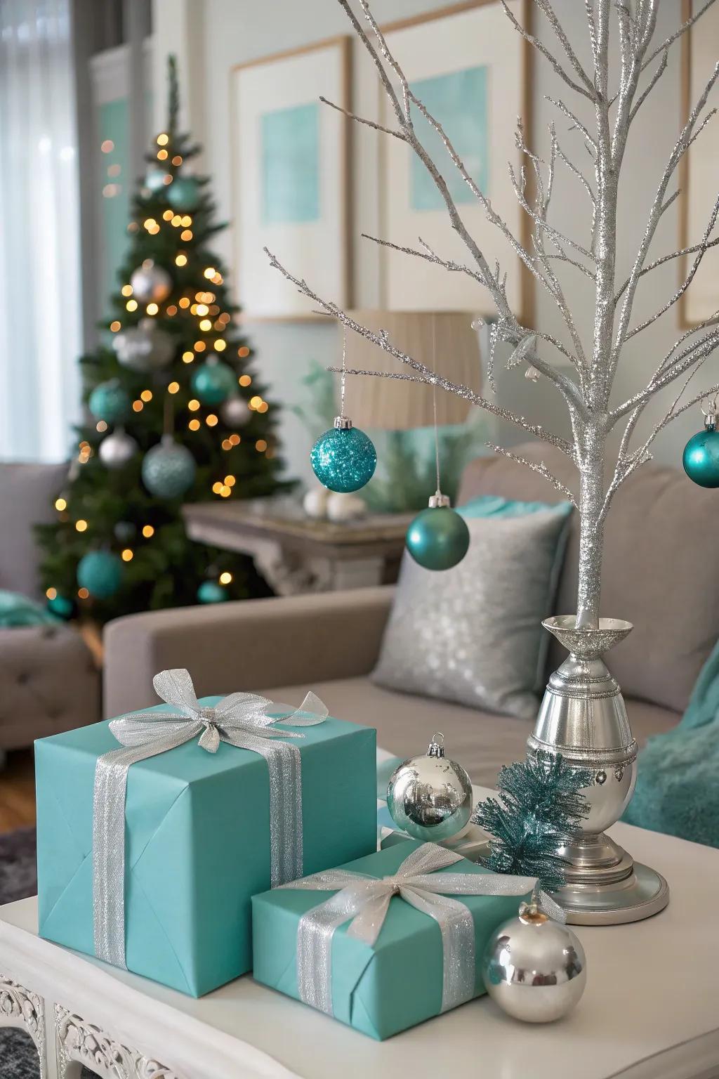 A modern twist with teal and silver decor.