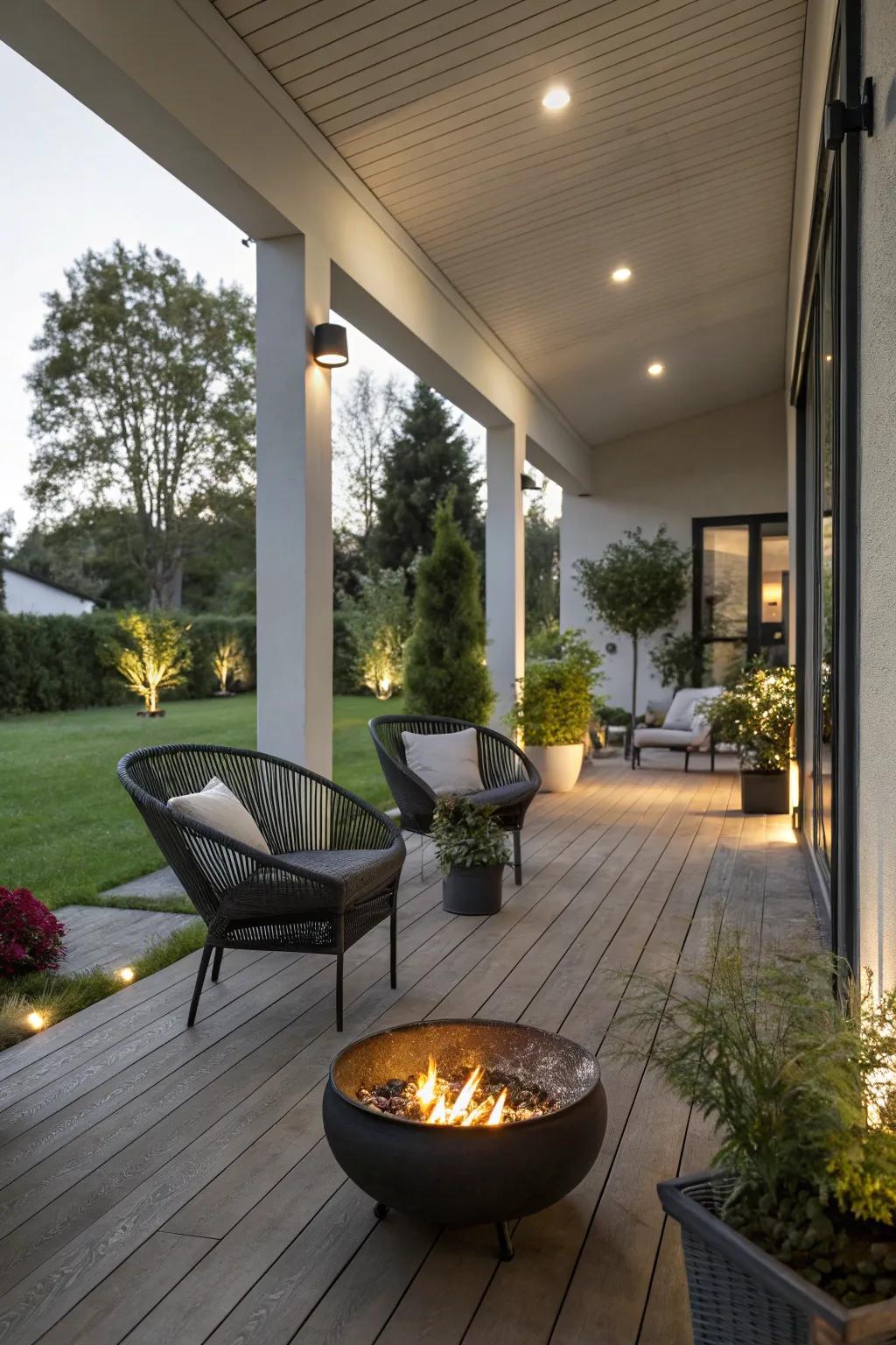 A cozy fire pit invites warmth and socializing on this porch.