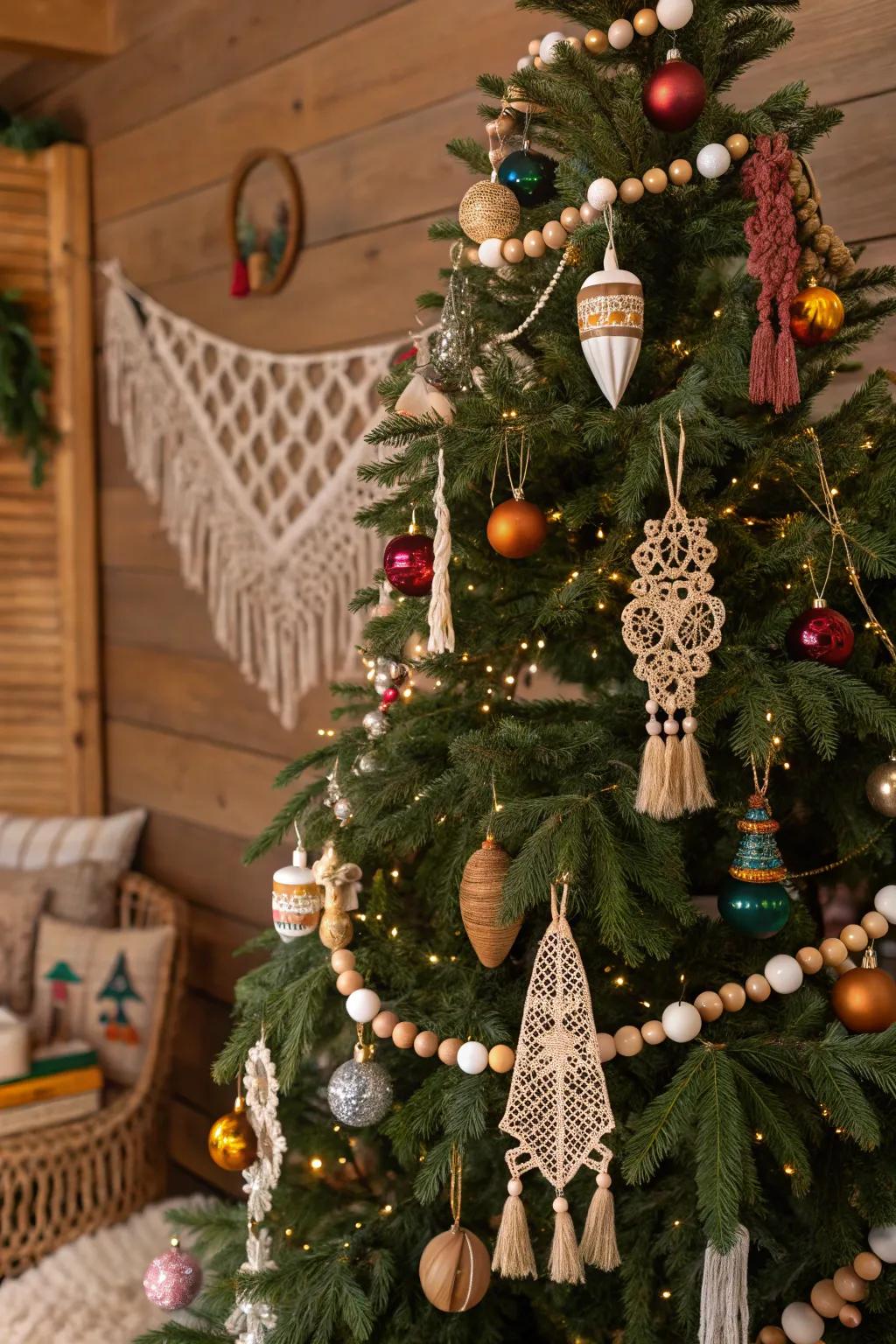 A bohemian Christmas tree featuring eclectic decorations and macramé accents.