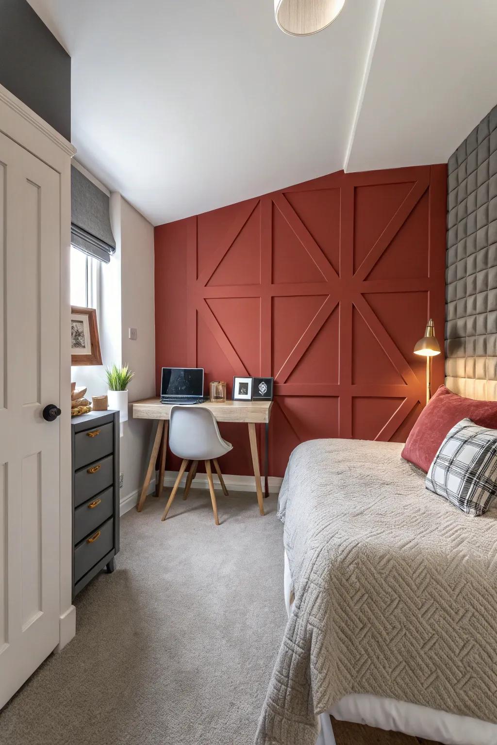 A small bedroom with a deep blue accent wall adding dimension.